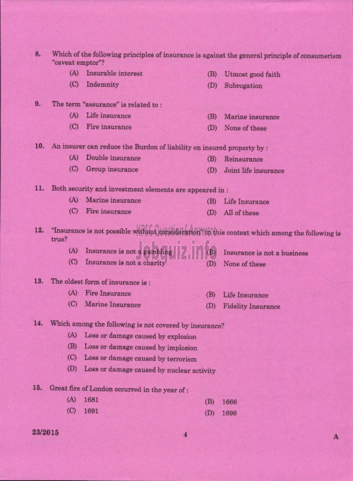 Kerala PSC Question Paper - LABORATORY TECHNICAL ASSISTANT GENERAL INSURANCE VHSE-2