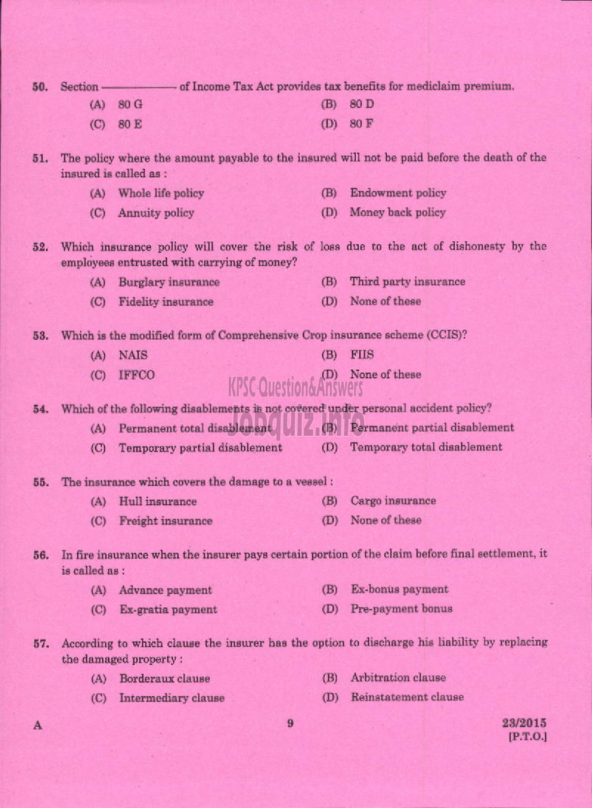 Kerala PSC Question Paper - LABORATORY TECHNICAL ASSISTANT GENERAL INSURANCE VHSE-7