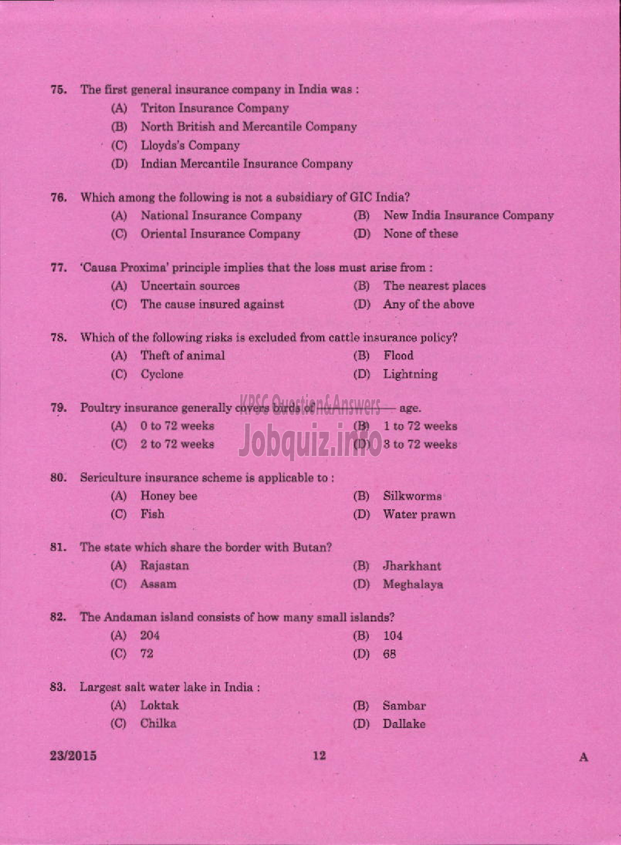 Kerala PSC Question Paper - LABORATORY TECHNICAL ASSISTANT GENERAL INSURANCE VHSE-10