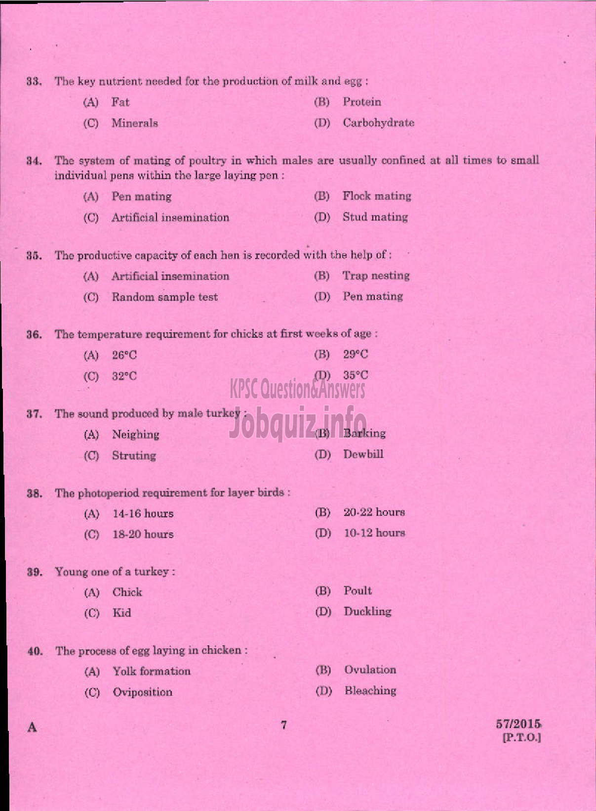 Kerala PSC Question Paper - LABORATORY TECHNICAL ASSISTANT LIVESTOCK MANAGEMENT / POULTRY HUSBANDRY VOCATIONAL HIGHER SECONDARY EDUCATION-5