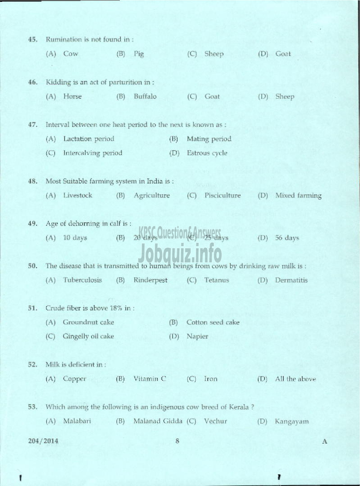 Kerala PSC Question Paper - LABORATORY TECHNICAL ASSISTANT LIVE STOCK MANAGEMENT DIARYING VHSE-6