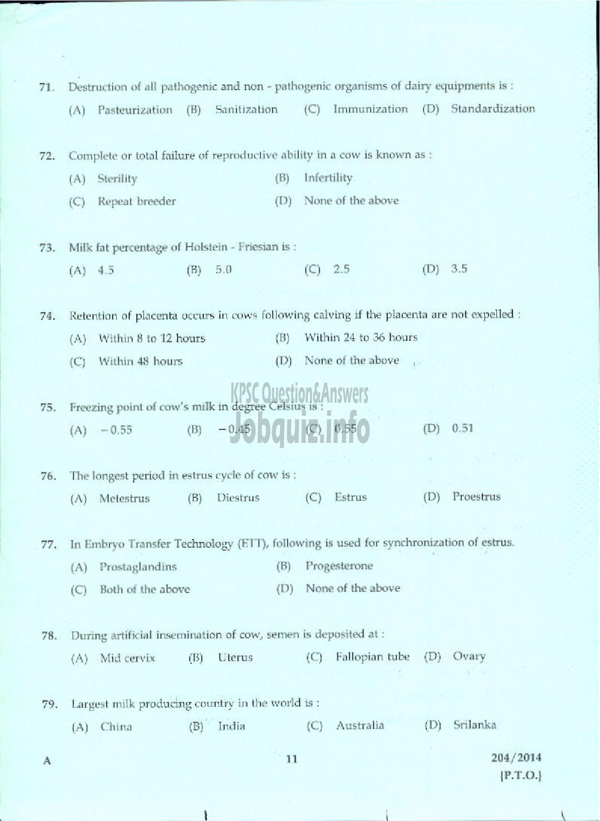 Kerala PSC Question Paper - LABORATORY TECHNICAL ASSISTANT LIVE STOCK MANAGEMENT DIARYING VHSE-9