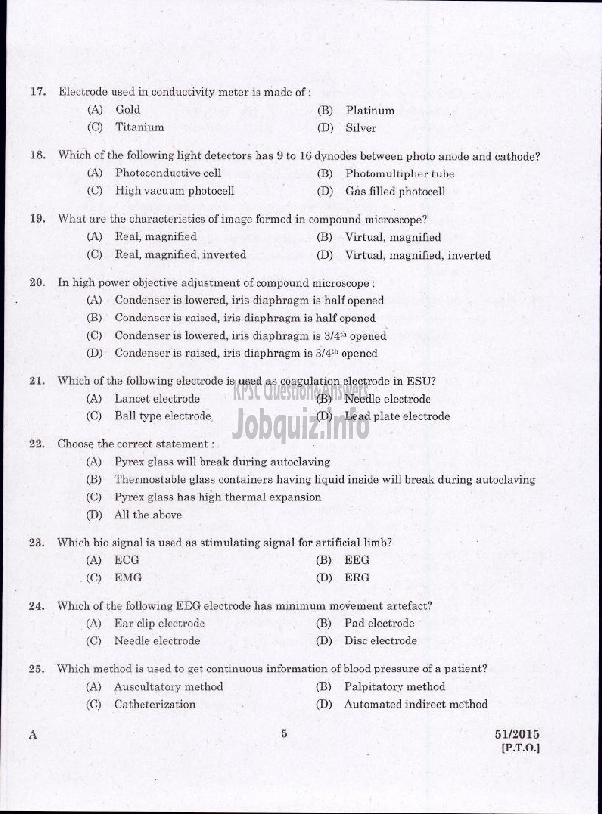 Kerala PSC Question Paper - LABORATORY TECHNICAL ASSISTANT MAINTENANCE AND OPERATION OF BIO MEDICAL EQUIPMENTS VOCATIONAL HIGHER SECONDARY EDUCATION-3