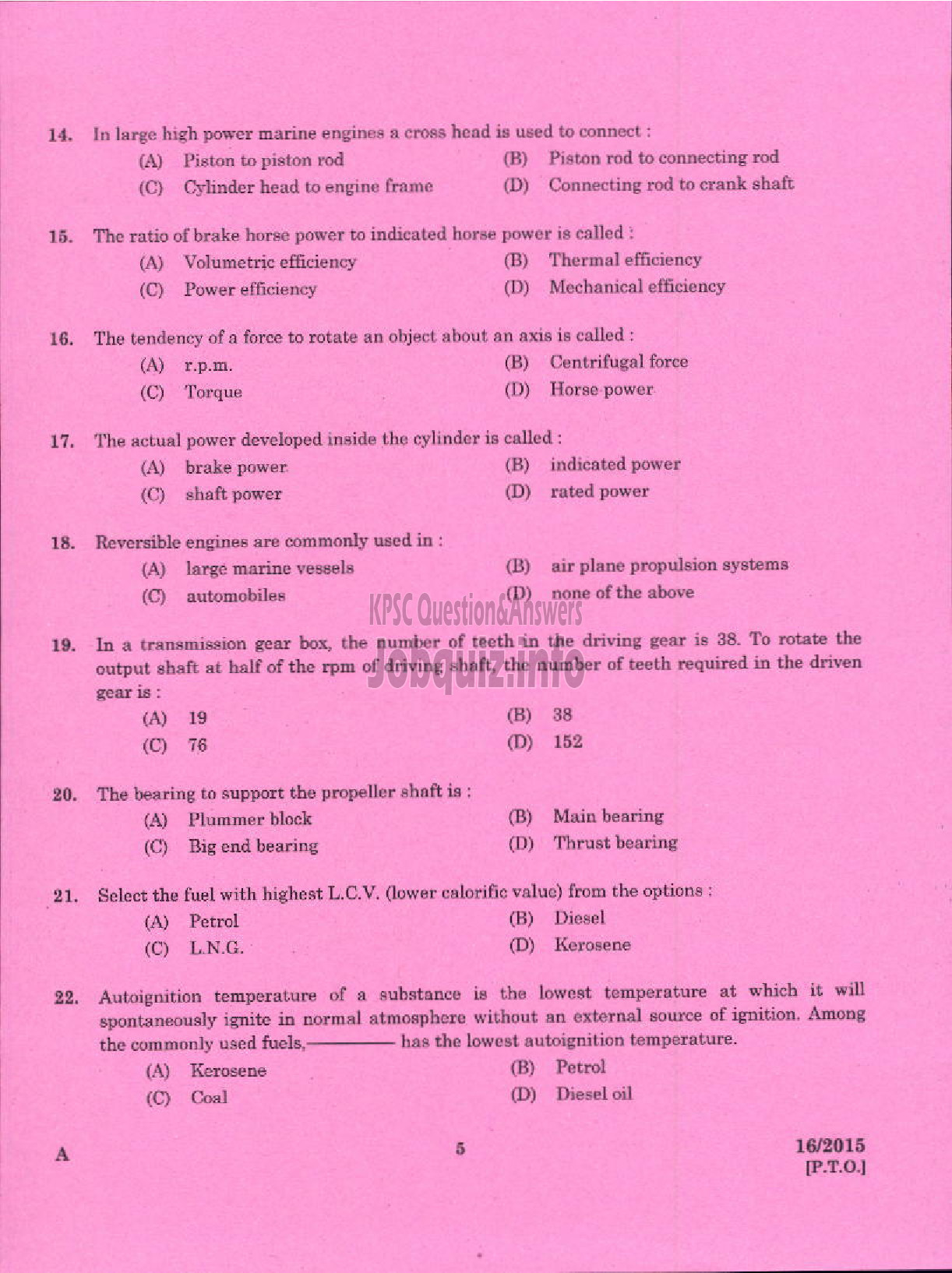 Kerala PSC Question Paper - LABORATORY TECHNICAL ASSISTANT MAINTENANCE AND OPERATION OF MARINE ENGINES VHSE-3