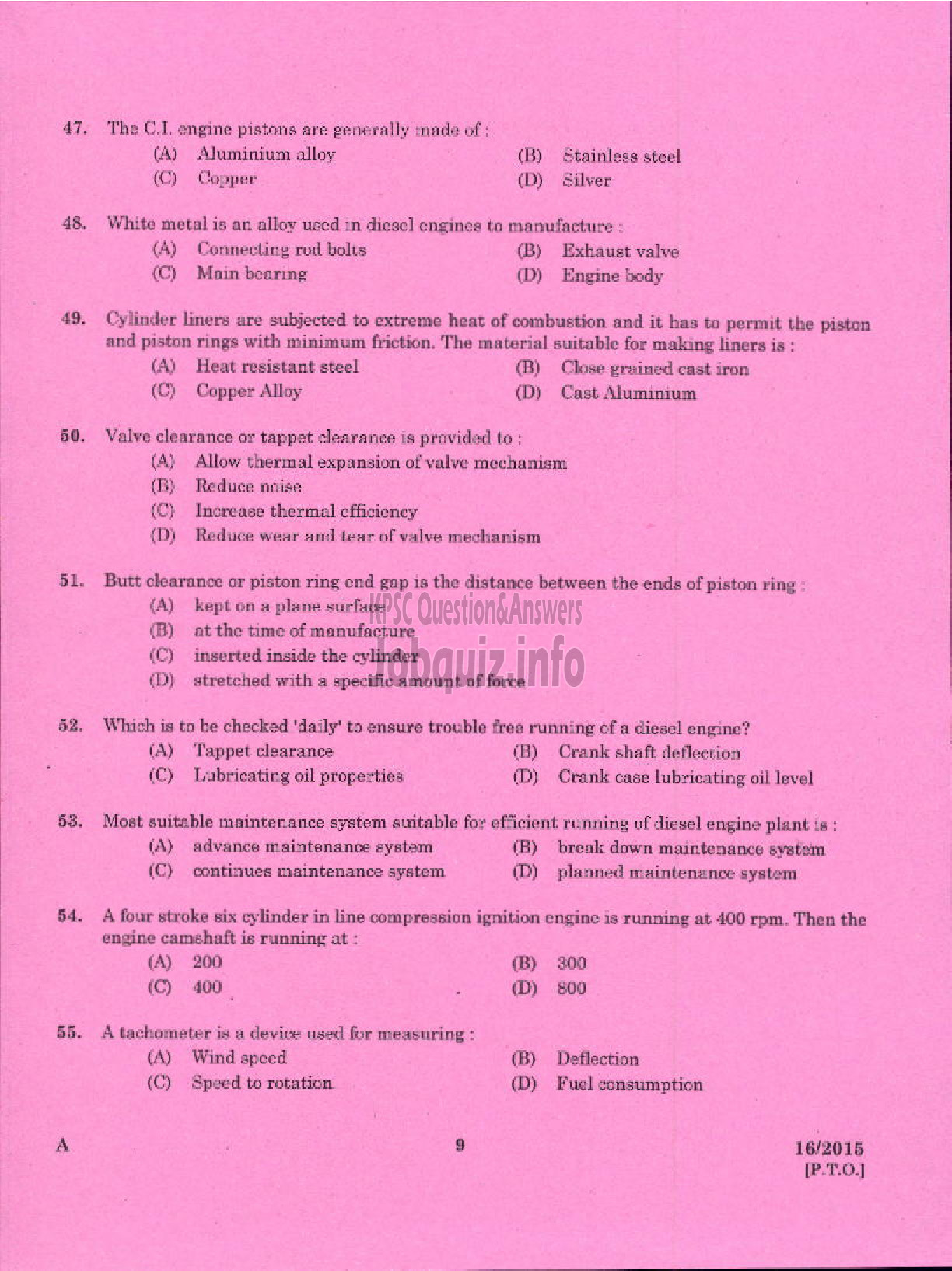 Kerala PSC Question Paper - LABORATORY TECHNICAL ASSISTANT MAINTENANCE AND OPERATION OF MARINE ENGINES VHSE-7