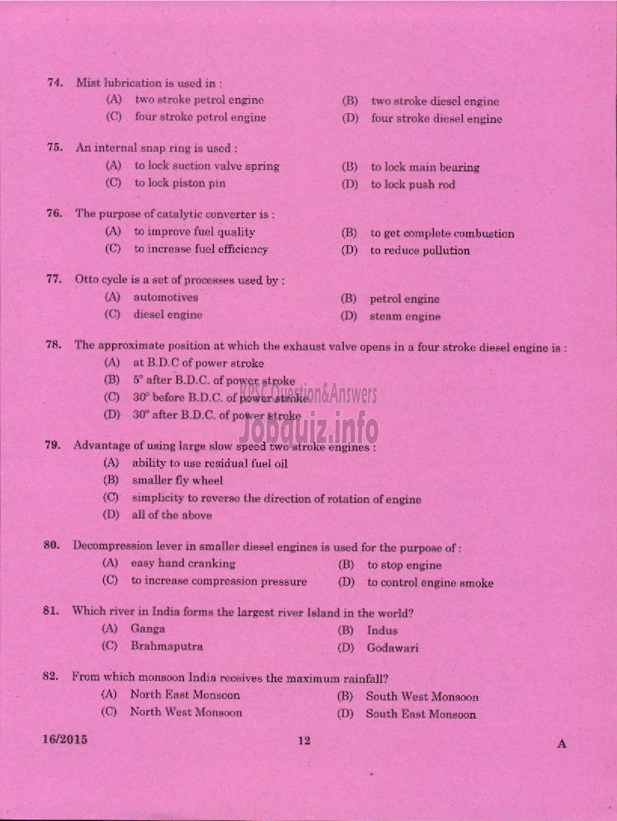 Kerala PSC Question Paper - LABORATORY TECHNICAL ASSISTANT MAINTENANCE AND OPERATION OF MARINE ENGINES VHSE-10
