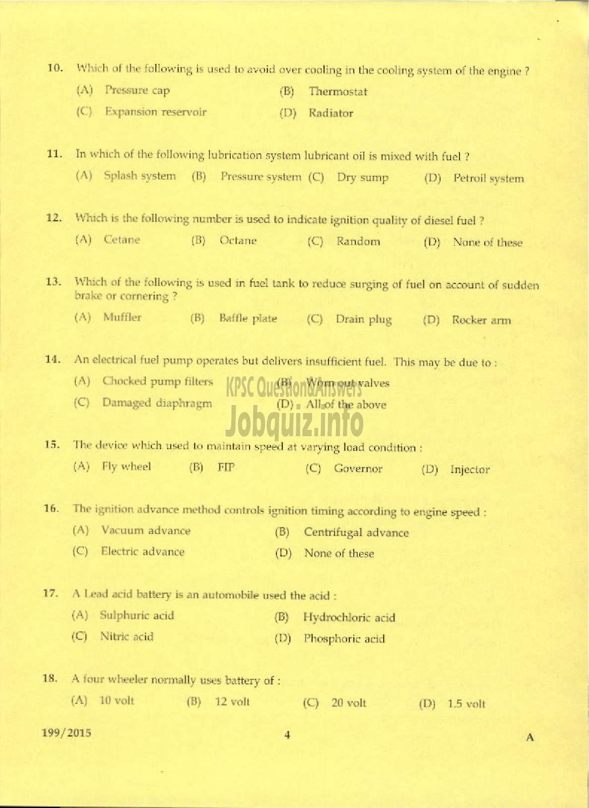 Kerala PSC Question Paper - LABORATORY TECHNICAL ASSISTANT MAINTENANCE AND REPAIRS OF AUTOMOBILES VHSE-2