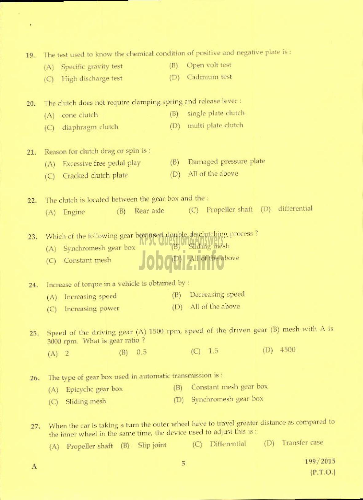 Kerala PSC Question Paper - LABORATORY TECHNICAL ASSISTANT MAINTENANCE AND REPAIRS OF AUTOMOBILES VHSE-3