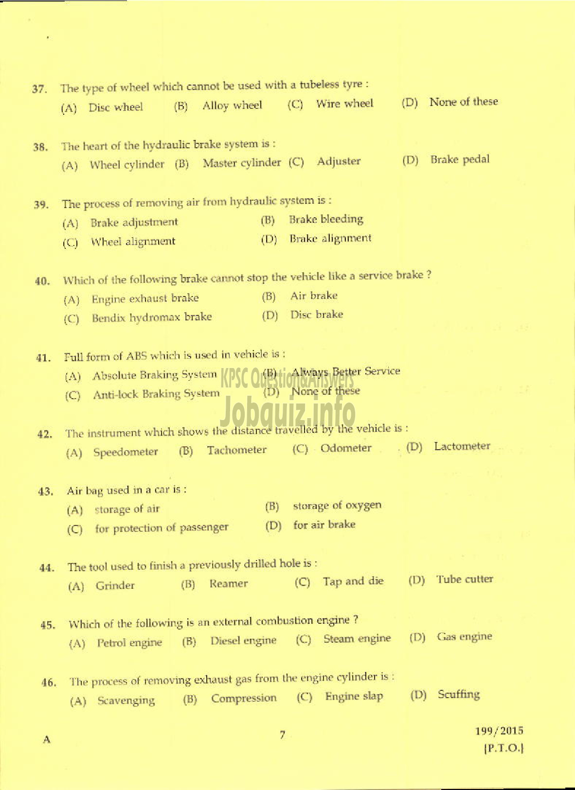 Kerala PSC Question Paper - LABORATORY TECHNICAL ASSISTANT MAINTENANCE AND REPAIRS OF AUTOMOBILES VHSE-5