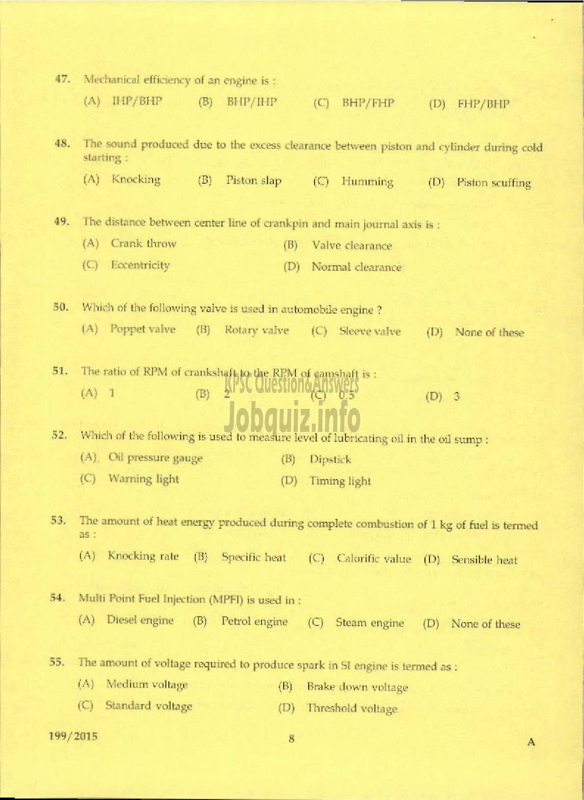 Kerala PSC Question Paper - LABORATORY TECHNICAL ASSISTANT MAINTENANCE AND REPAIRS OF AUTOMOBILES VHSE-6