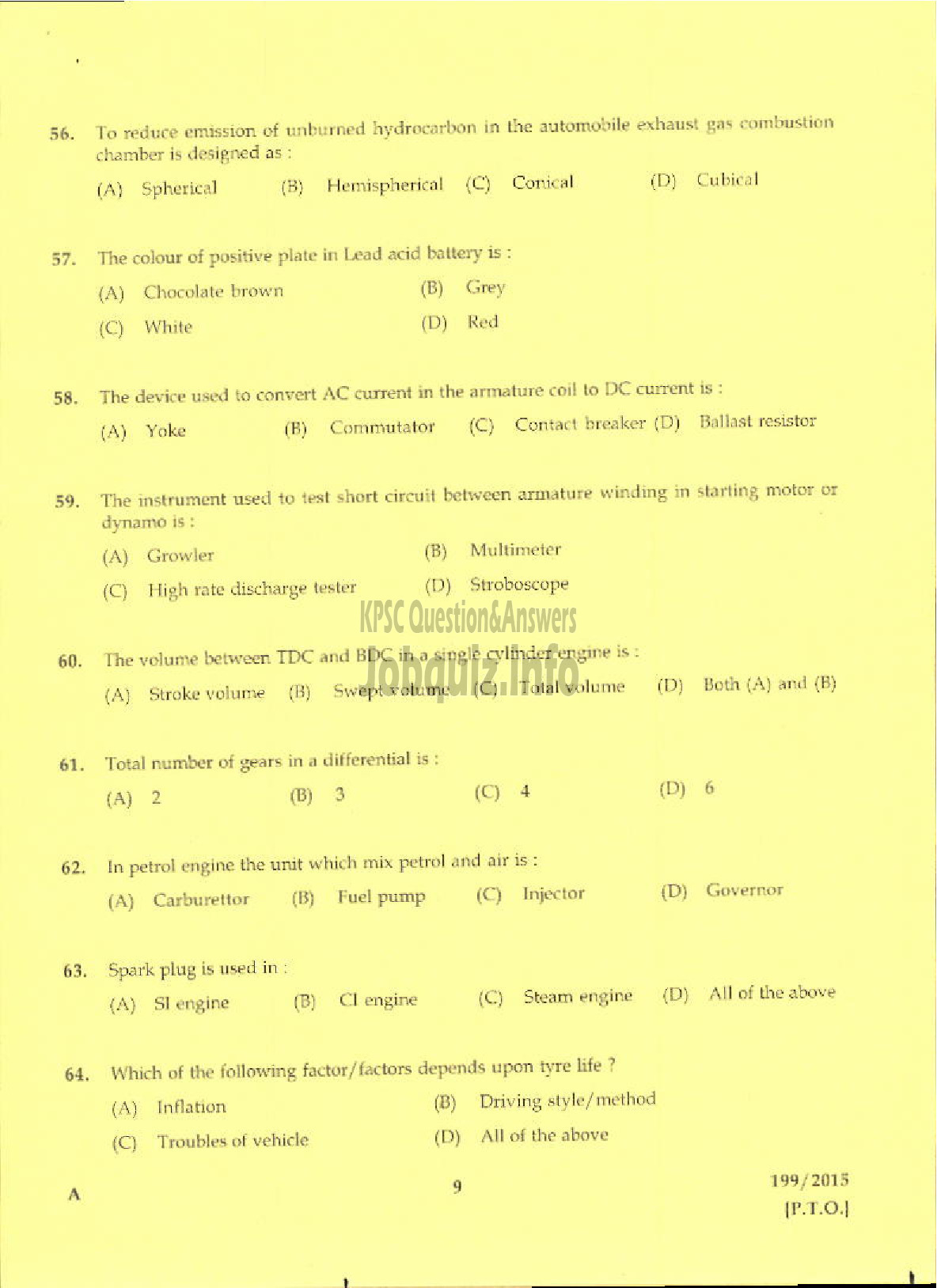 Kerala PSC Question Paper - LABORATORY TECHNICAL ASSISTANT MAINTENANCE AND REPAIRS OF AUTOMOBILES VHSE-7
