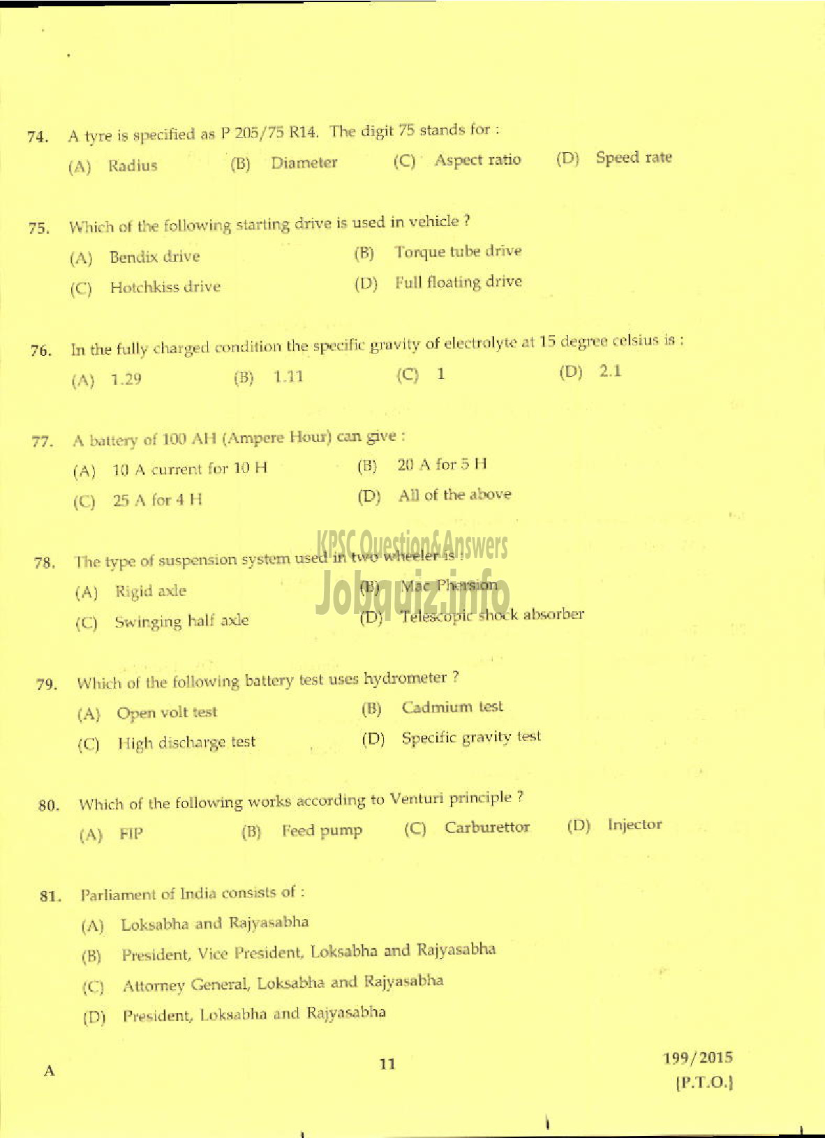 Kerala PSC Question Paper - LABORATORY TECHNICAL ASSISTANT MAINTENANCE AND REPAIRS OF AUTOMOBILES VHSE-9