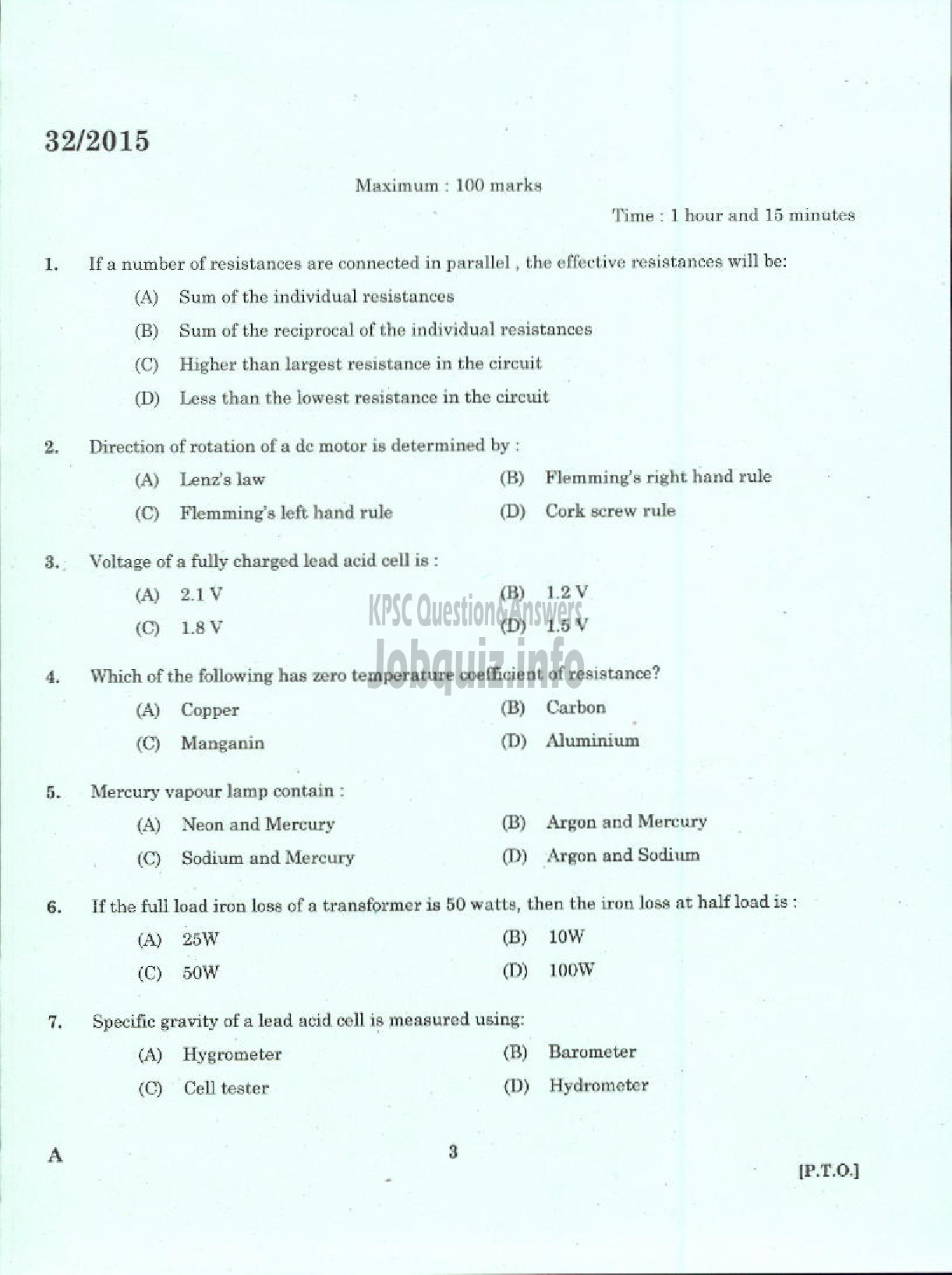 Kerala PSC Question Paper - LABORATORY TECHNICAL ASSISTANT MAINTENANCE AND REPAIRS OF DOMESTIC APPLIANCES VHSE-1