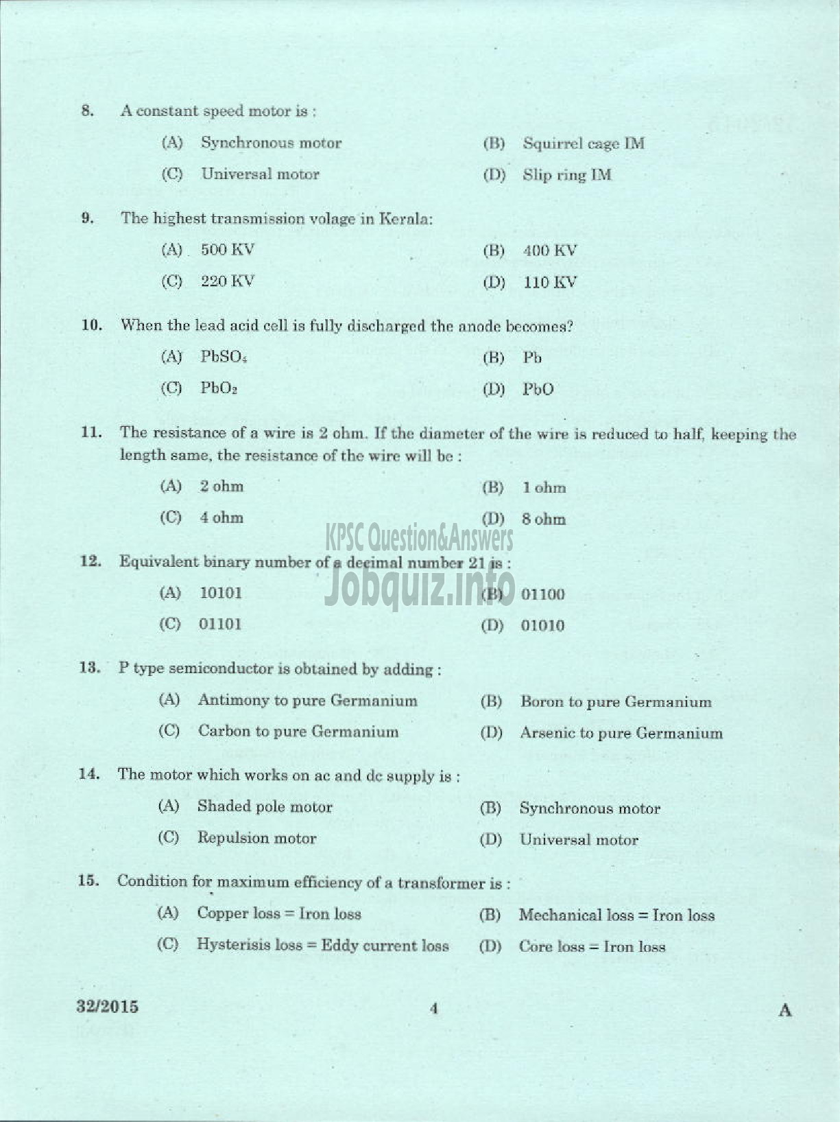 Kerala PSC Question Paper - LABORATORY TECHNICAL ASSISTANT MAINTENANCE AND REPAIRS OF DOMESTIC APPLIANCES VHSE-2