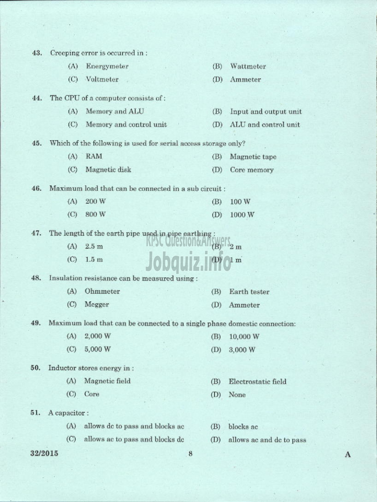 Kerala PSC Question Paper - LABORATORY TECHNICAL ASSISTANT MAINTENANCE AND REPAIRS OF DOMESTIC APPLIANCES VHSE-6