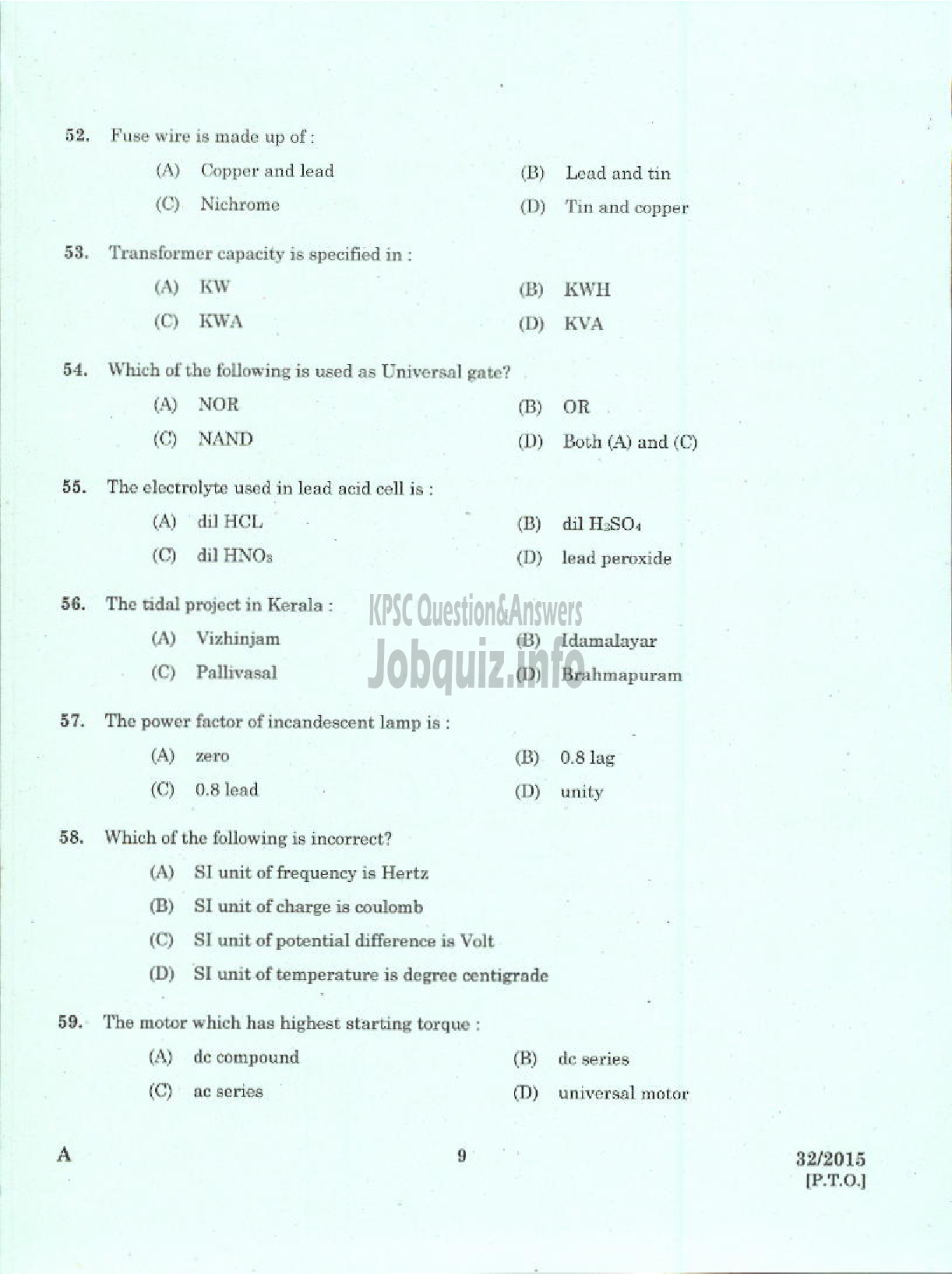 Kerala PSC Question Paper - LABORATORY TECHNICAL ASSISTANT MAINTENANCE AND REPAIRS OF DOMESTIC APPLIANCES VHSE-7