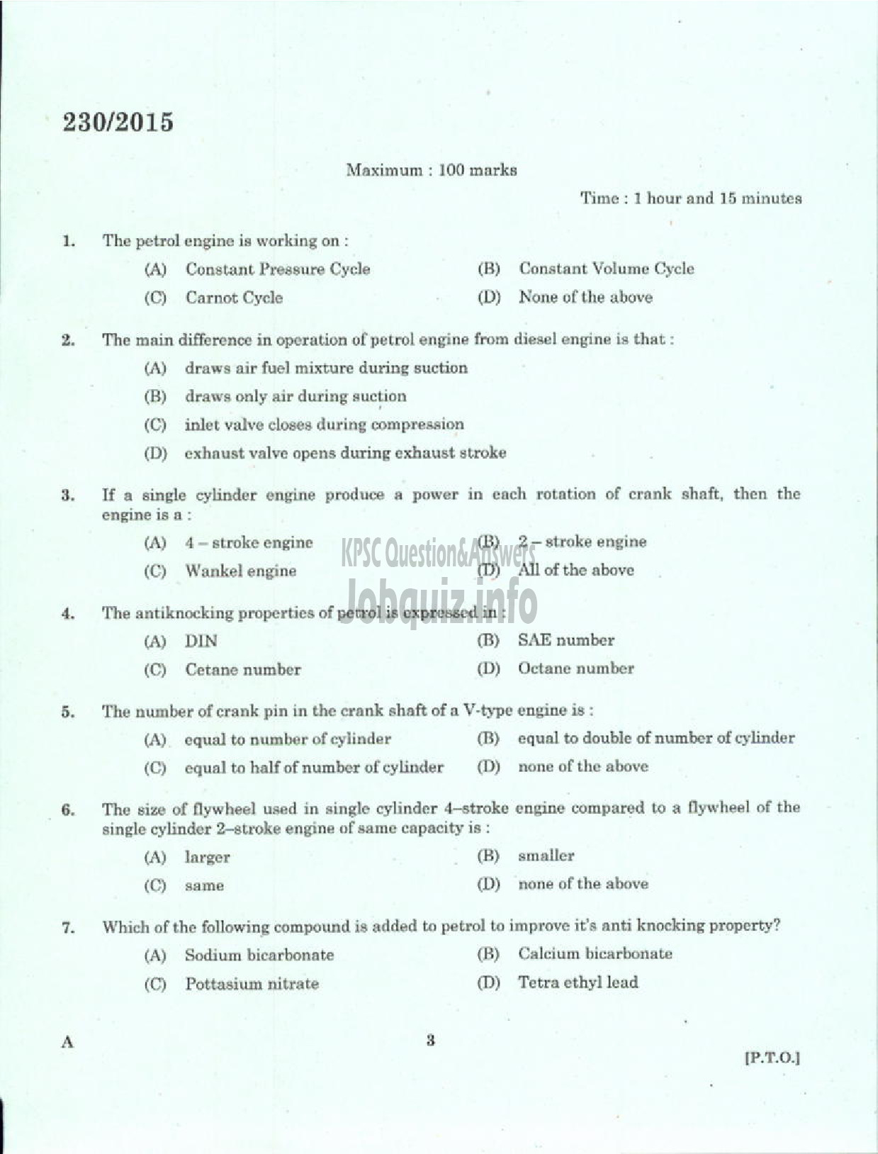 Kerala PSC Question Paper - LABORATORY TECHNICAL ASSISTANT MAINTENANCE AND REPAIRS OF TWO WHEELERS AND THREE WHEELERS VHSE-1