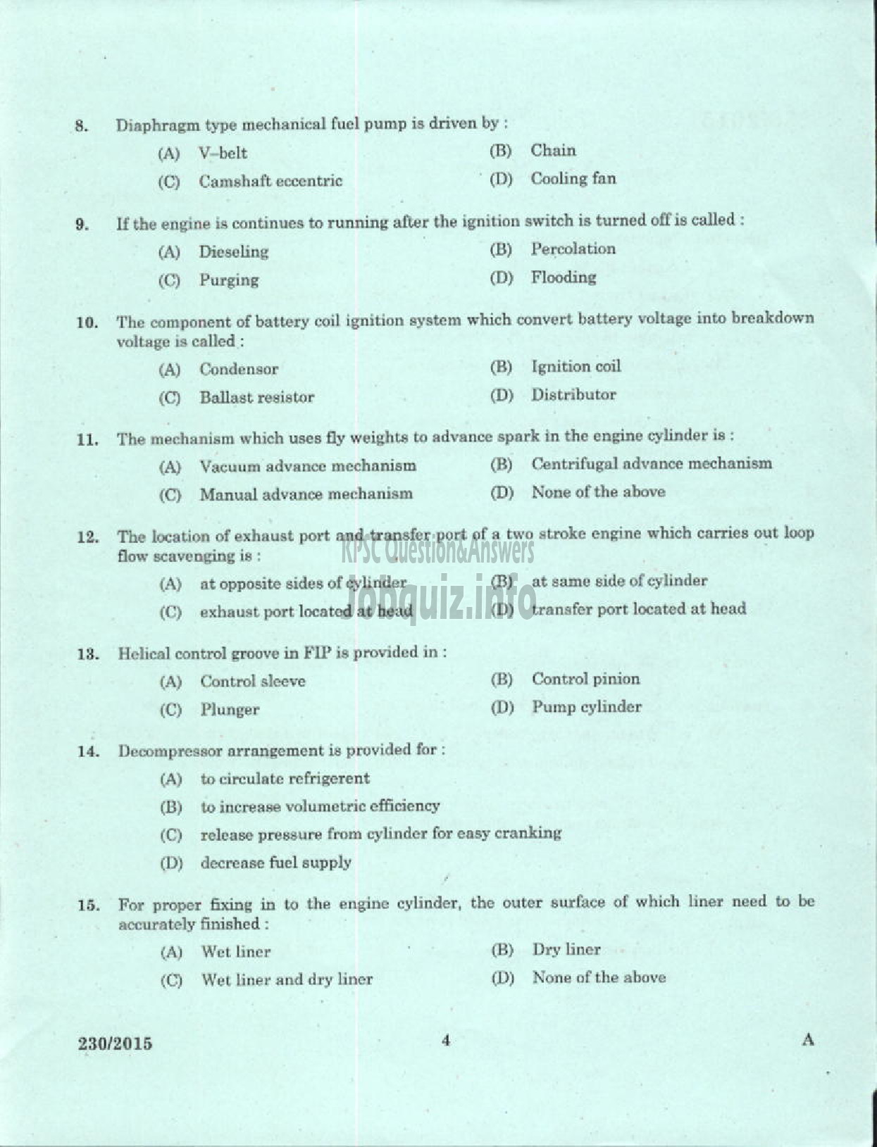 Kerala PSC Question Paper - LABORATORY TECHNICAL ASSISTANT MAINTENANCE AND REPAIRS OF TWO WHEELERS AND THREE WHEELERS VHSE-2