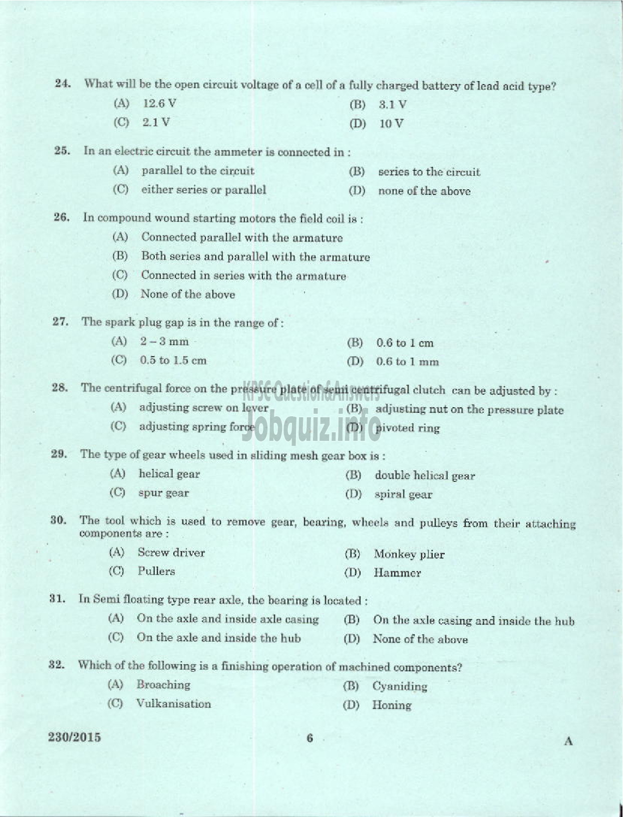 Kerala PSC Question Paper - LABORATORY TECHNICAL ASSISTANT MAINTENANCE AND REPAIRS OF TWO WHEELERS AND THREE WHEELERS VHSE-4