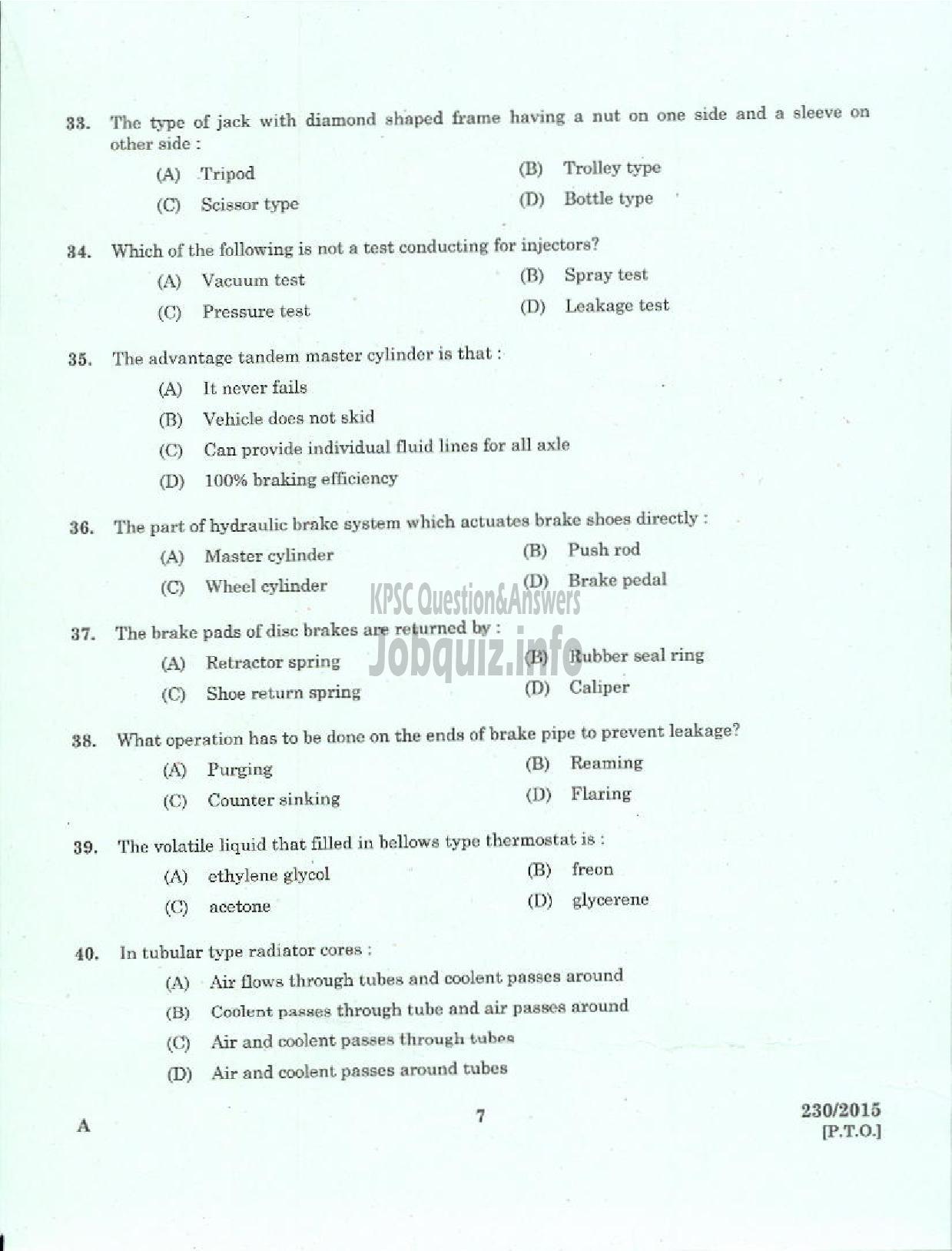 Kerala PSC Question Paper - LABORATORY TECHNICAL ASSISTANT MAINTENANCE AND REPAIRS OF TWO WHEELERS AND THREE WHEELERS VHSE-5