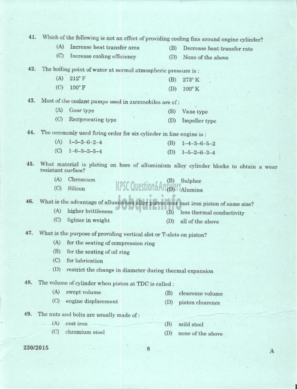 Kerala PSC Question Paper - LABORATORY TECHNICAL ASSISTANT MAINTENANCE AND REPAIRS OF TWO WHEELERS AND THREE WHEELERS VHSE-6