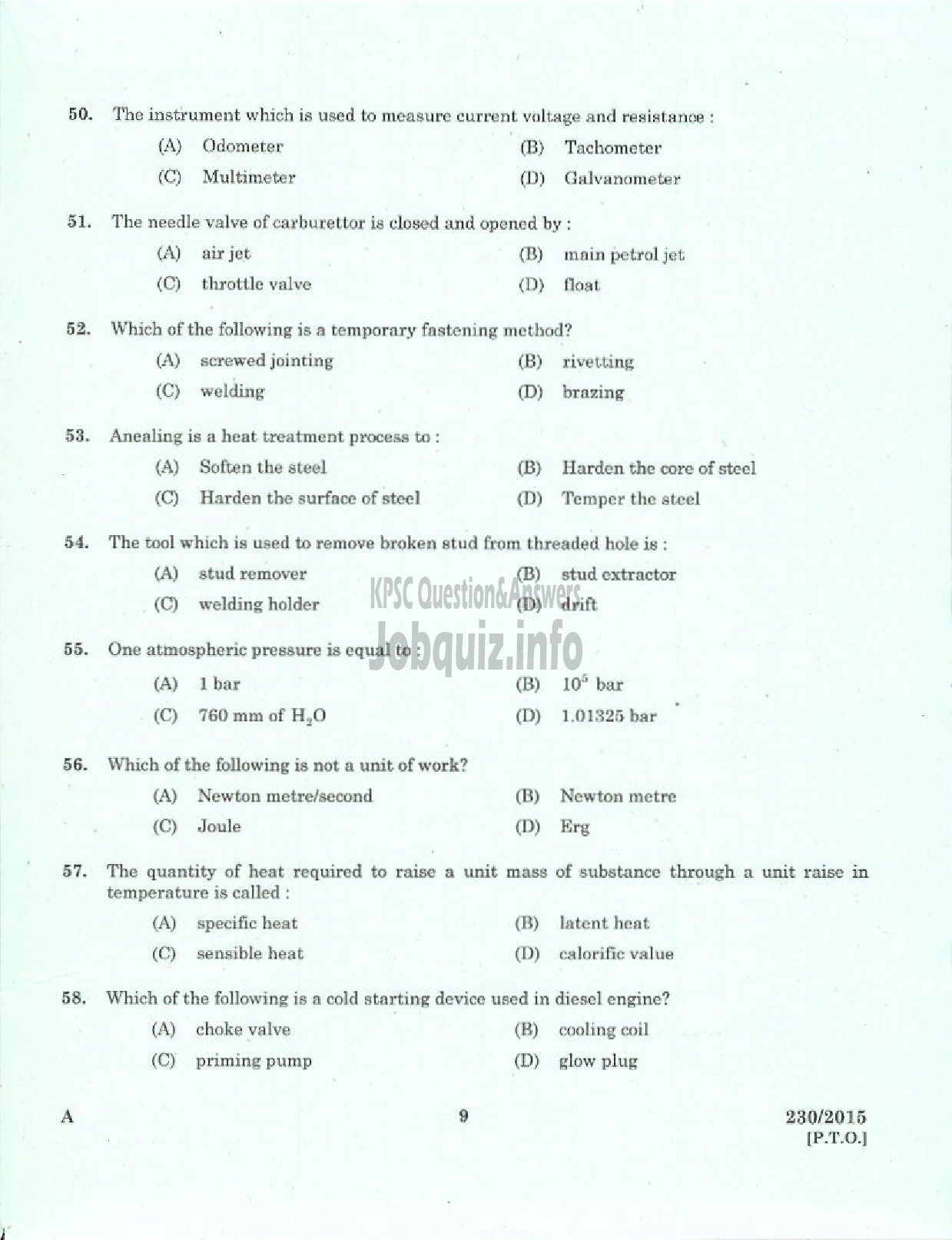 Kerala PSC Question Paper - LABORATORY TECHNICAL ASSISTANT MAINTENANCE AND REPAIRS OF TWO WHEELERS AND THREE WHEELERS VHSE-7