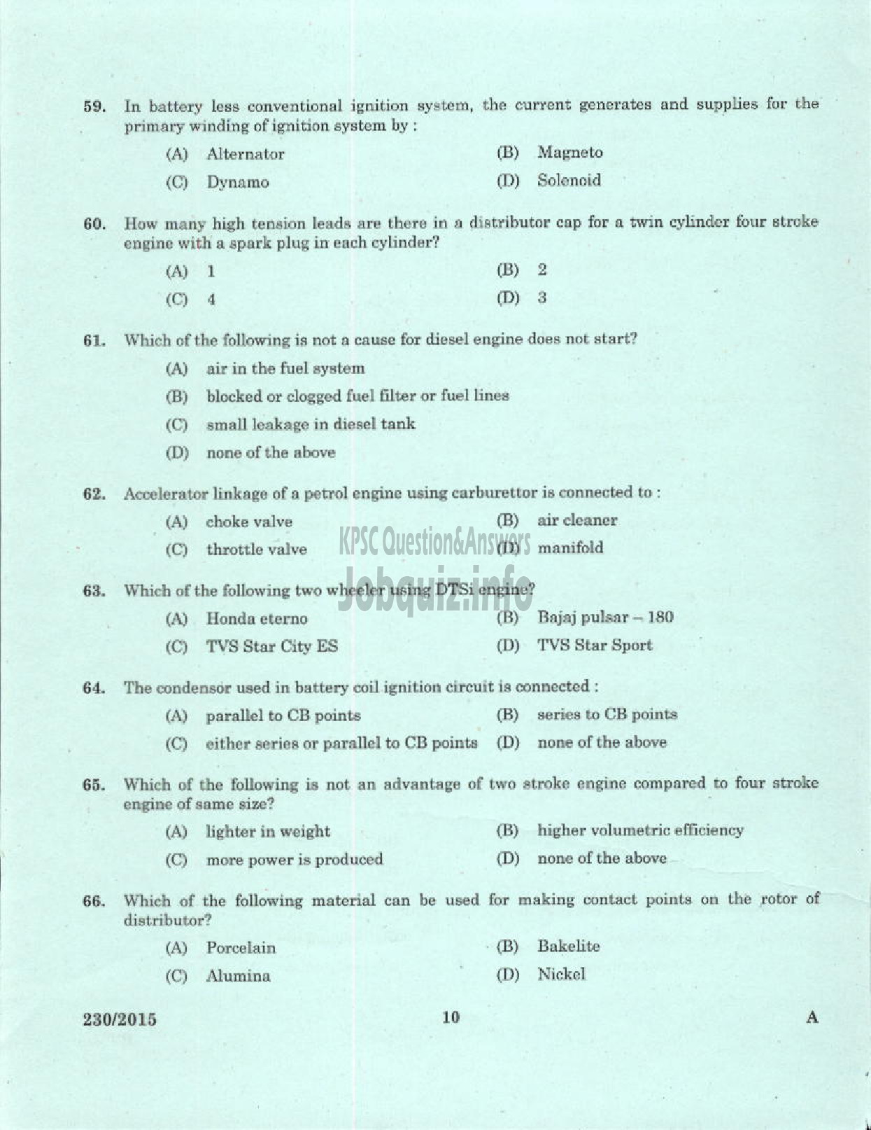 Kerala PSC Question Paper - LABORATORY TECHNICAL ASSISTANT MAINTENANCE AND REPAIRS OF TWO WHEELERS AND THREE WHEELERS VHSE-8