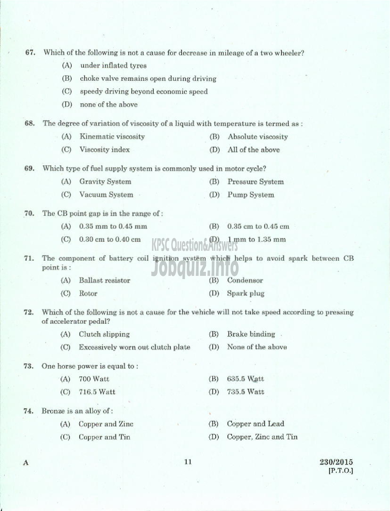 Kerala PSC Question Paper - LABORATORY TECHNICAL ASSISTANT MAINTENANCE AND REPAIRS OF TWO WHEELERS AND THREE WHEELERS VHSE-9