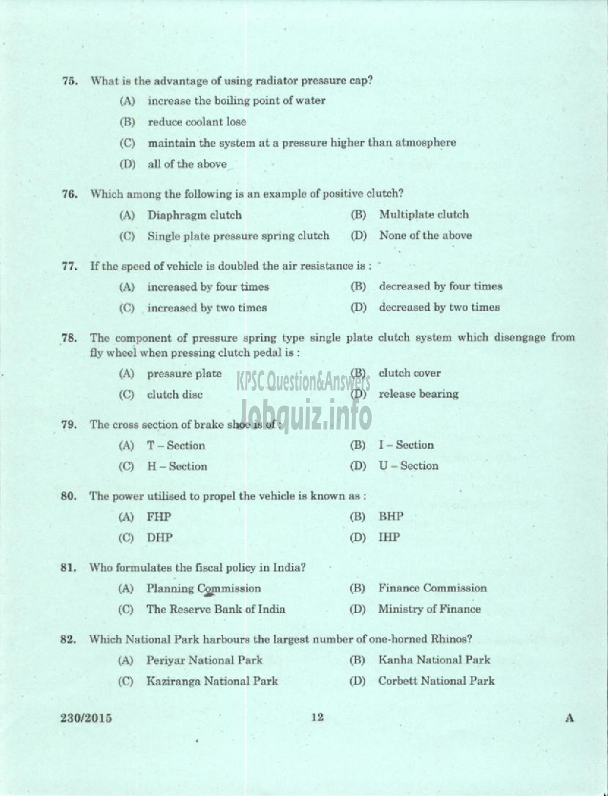 Kerala PSC Question Paper - LABORATORY TECHNICAL ASSISTANT MAINTENANCE AND REPAIRS OF TWO WHEELERS AND THREE WHEELERS VHSE-10