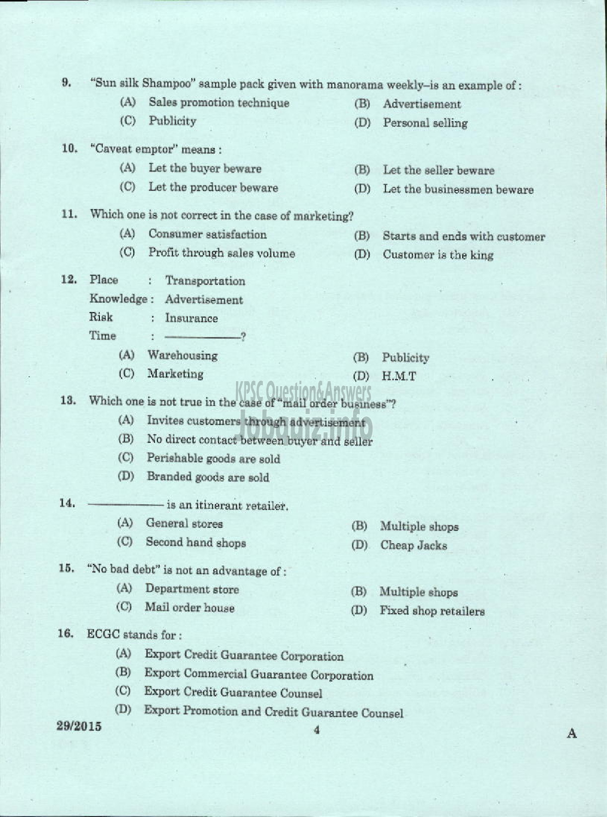 Kerala PSC Question Paper - LABORATORY TECHNICAL ASSISTANT MARKETING AND SALESMANSHIP VHSE-2