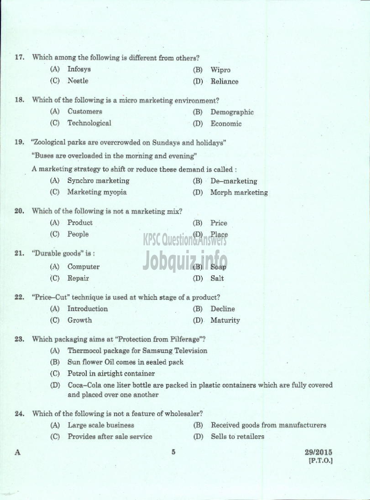 Kerala PSC Question Paper - LABORATORY TECHNICAL ASSISTANT MARKETING AND SALESMANSHIP VHSE-3