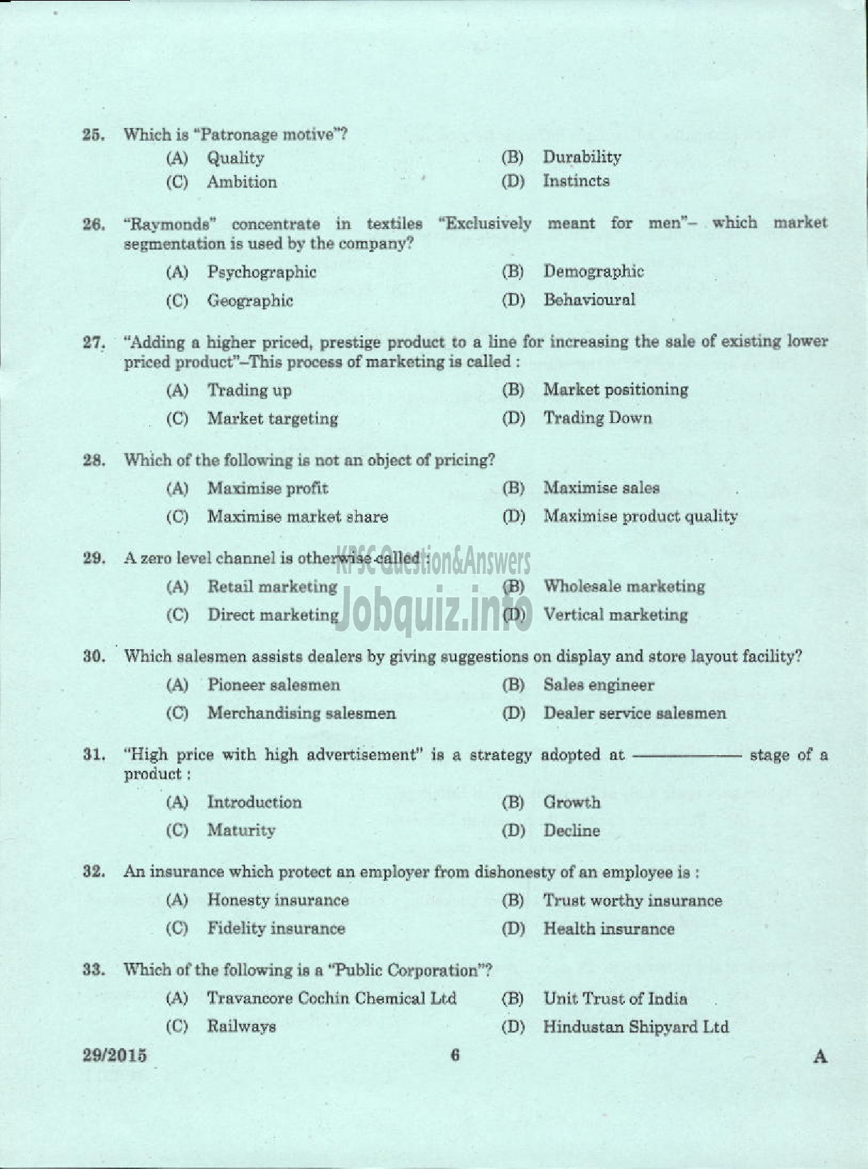 Kerala PSC Question Paper - LABORATORY TECHNICAL ASSISTANT MARKETING AND SALESMANSHIP VHSE-4