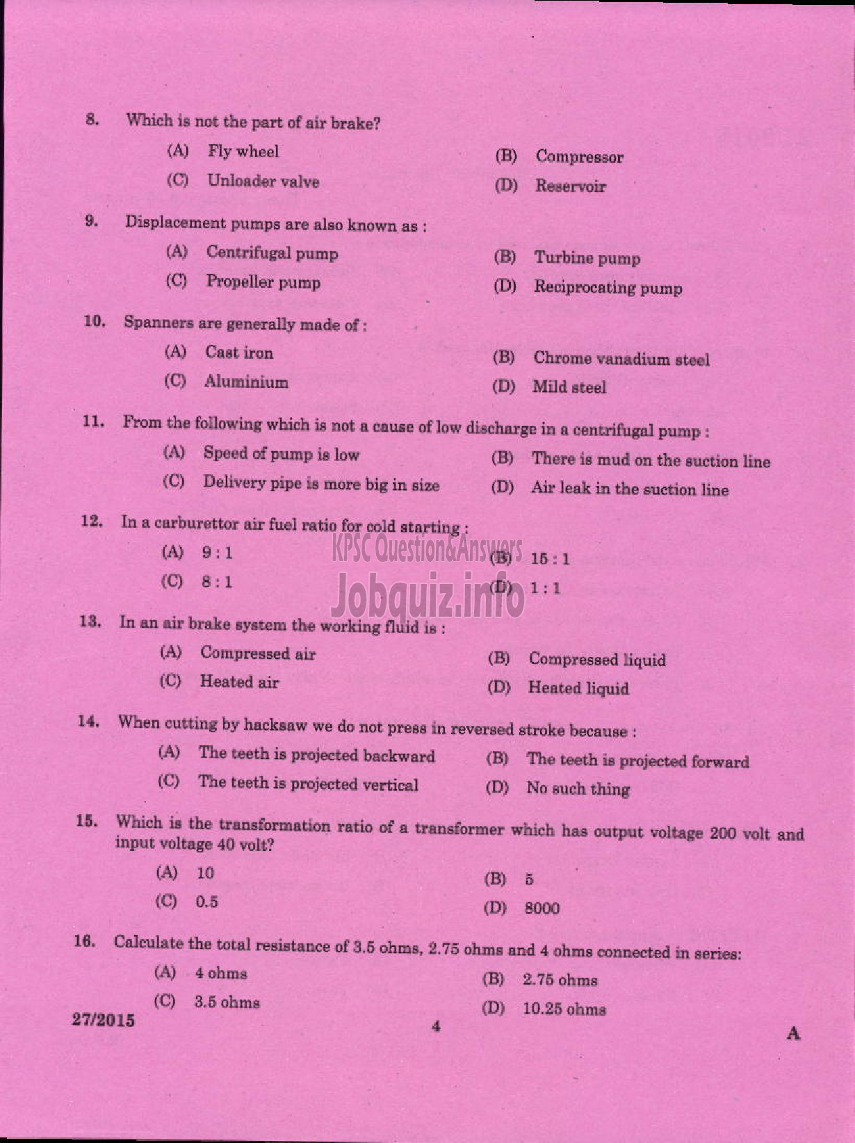 Kerala PSC Question Paper - LABORATORY TECHNICAL ASSISTANT MECHANIICAL SERVICING / AGRO MACHINERY VHSE-2