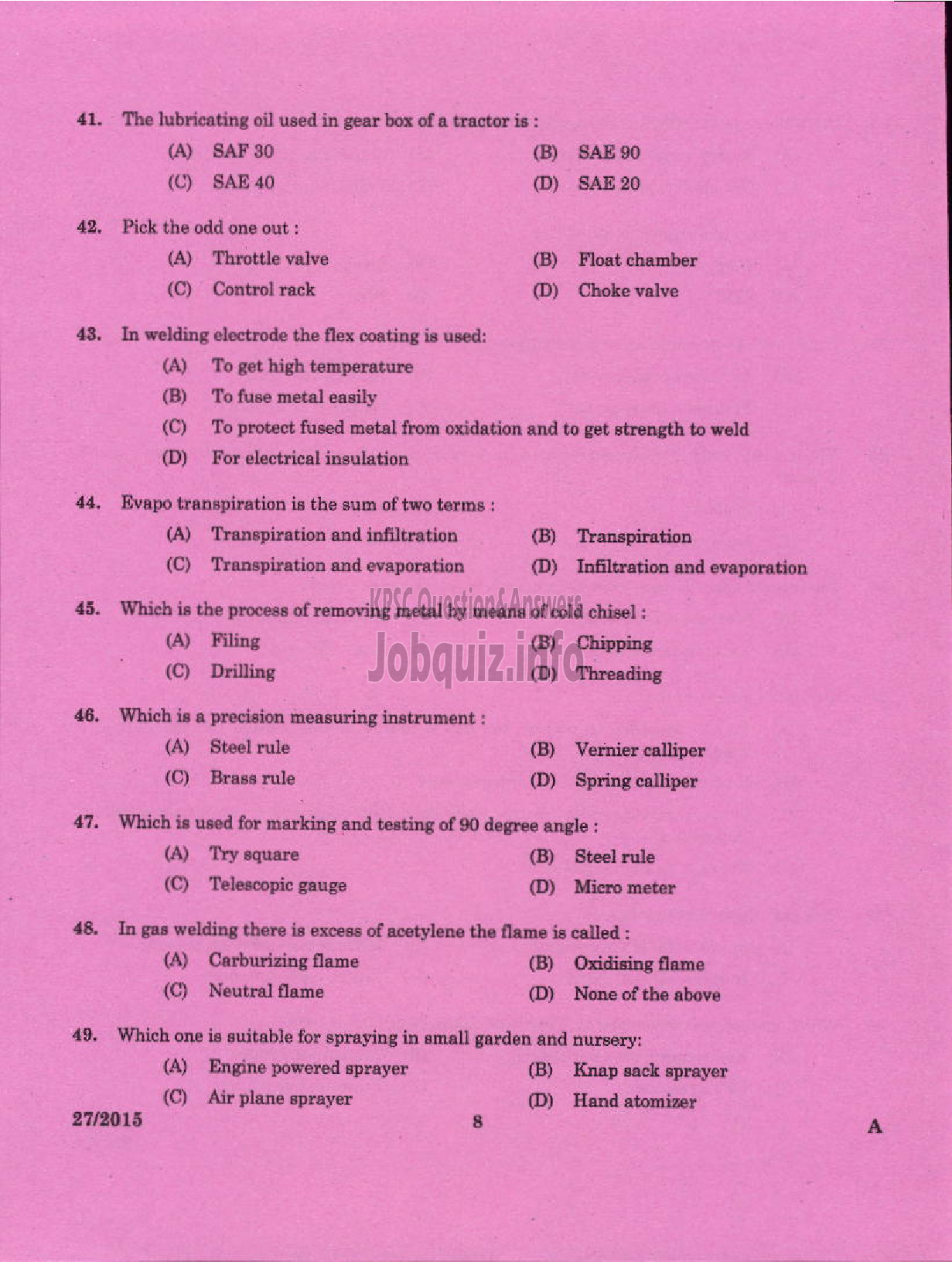 Kerala PSC Question Paper - LABORATORY TECHNICAL ASSISTANT MECHANIICAL SERVICING / AGRO MACHINERY VHSE-6