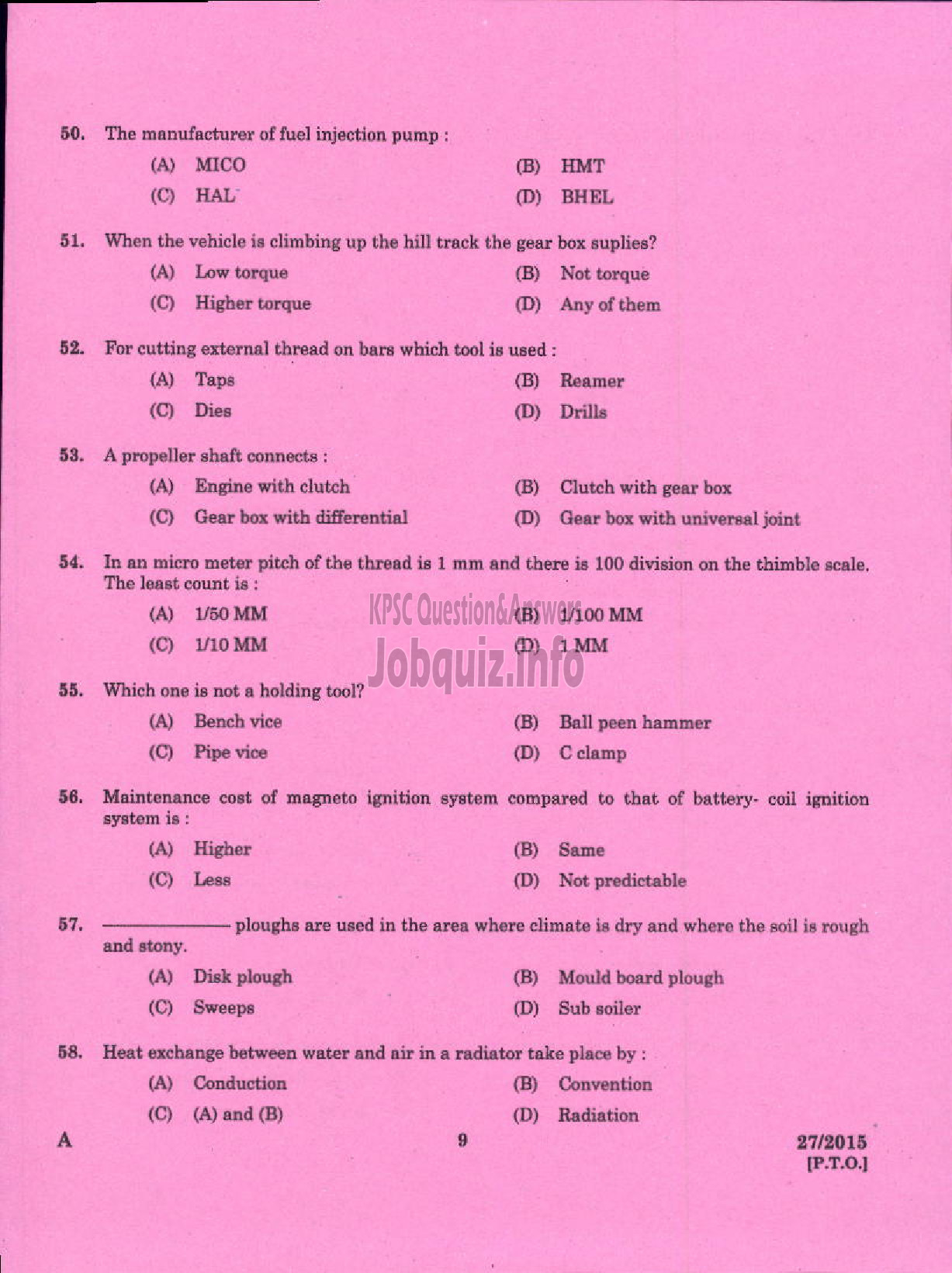 Kerala PSC Question Paper - LABORATORY TECHNICAL ASSISTANT MECHANIICAL SERVICING / AGRO MACHINERY VHSE-7