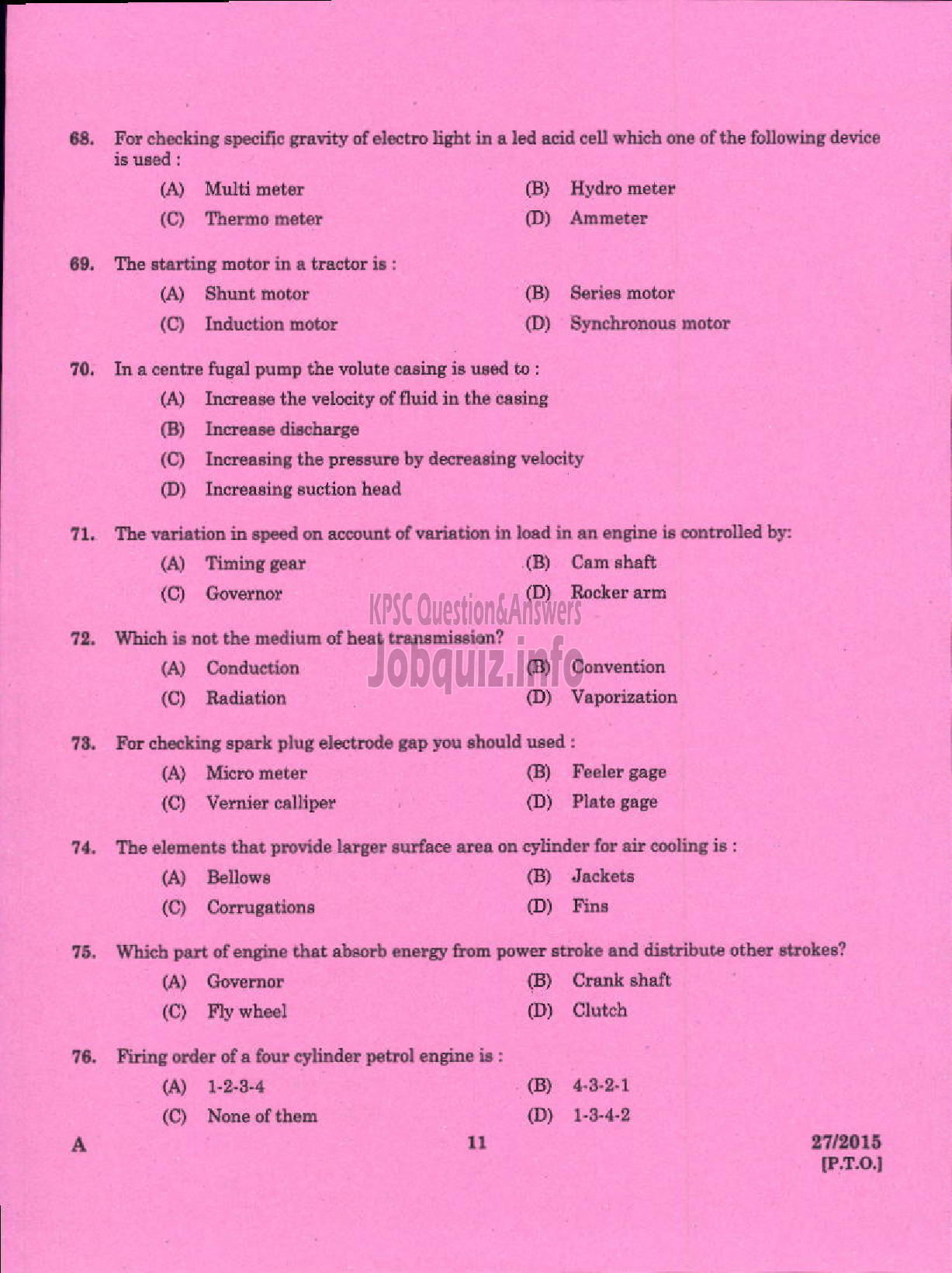 Kerala PSC Question Paper - LABORATORY TECHNICAL ASSISTANT MECHANIICAL SERVICING / AGRO MACHINERY VHSE-9