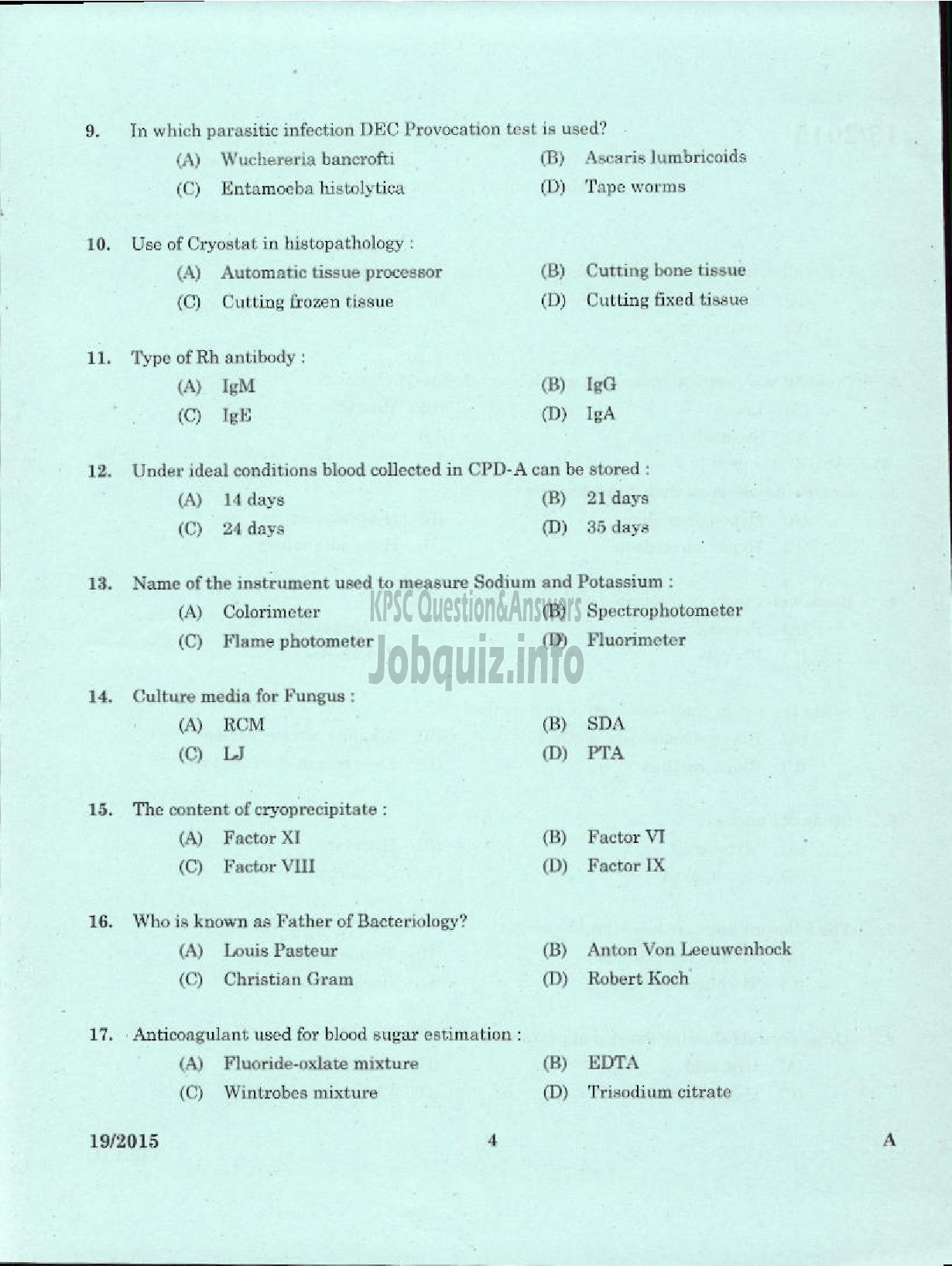 Kerala PSC Question Paper - LABORATORY TECHNICAL ASSISTANT / MEDICAL LABORATORY TECHNICIAN VHSE-2