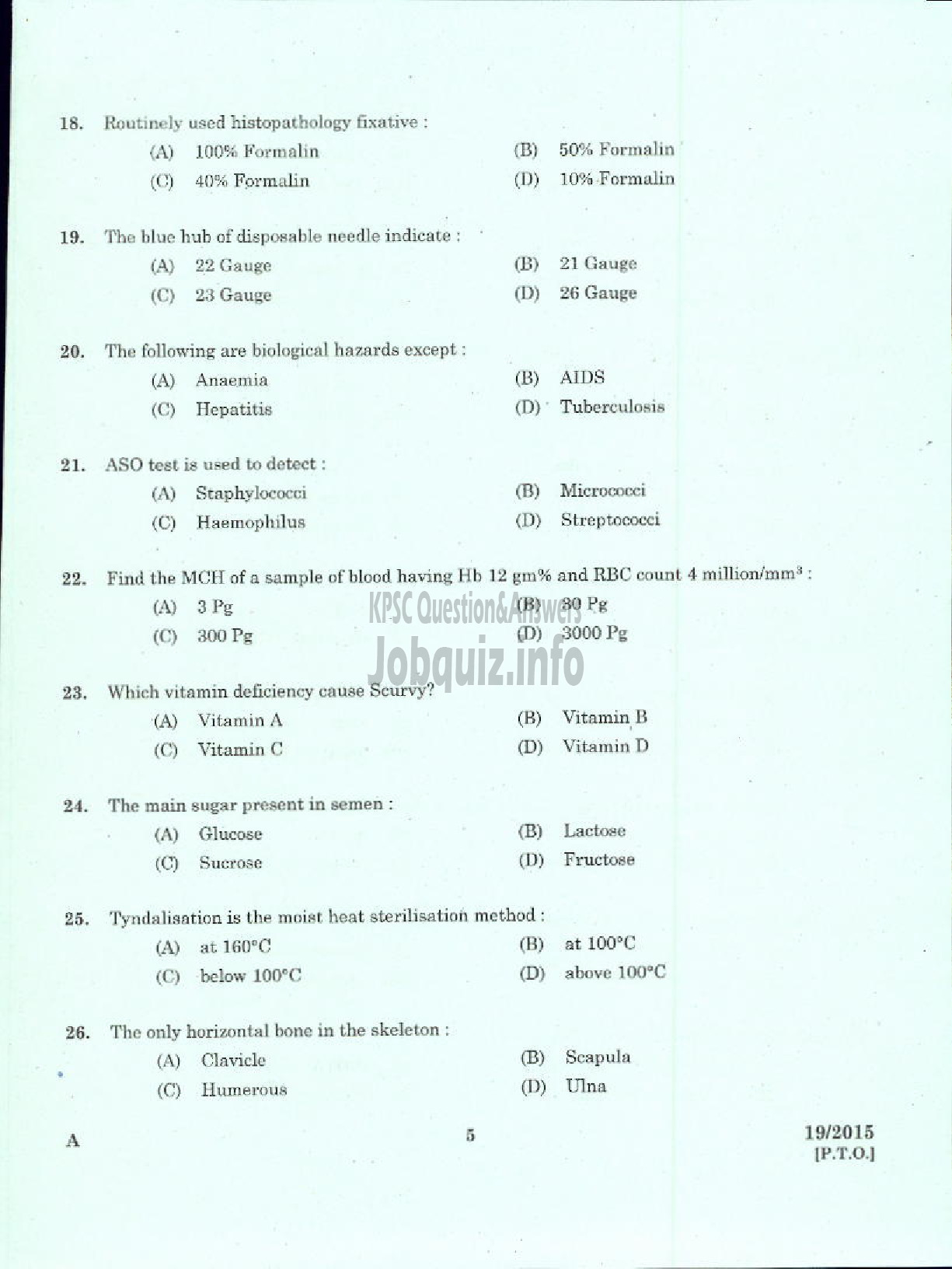 Kerala PSC Question Paper - LABORATORY TECHNICAL ASSISTANT / MEDICAL LABORATORY TECHNICIAN VHSE-3