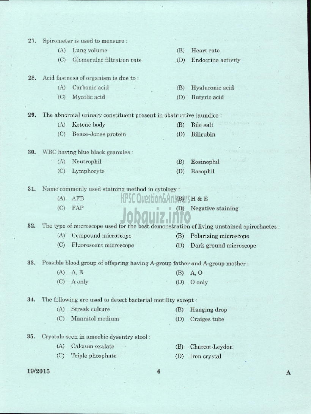 Kerala PSC Question Paper - LABORATORY TECHNICAL ASSISTANT / MEDICAL LABORATORY TECHNICIAN VHSE-4