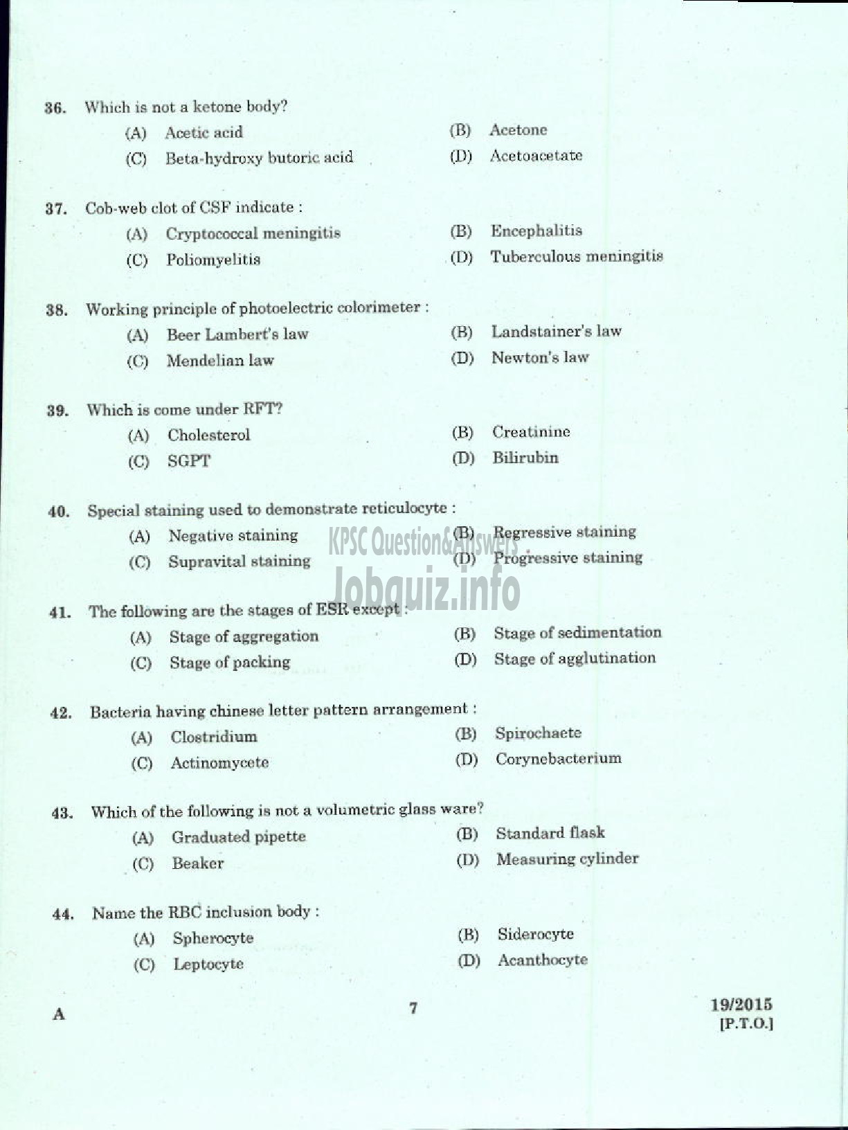 Kerala PSC Question Paper - LABORATORY TECHNICAL ASSISTANT / MEDICAL LABORATORY TECHNICIAN VHSE-5