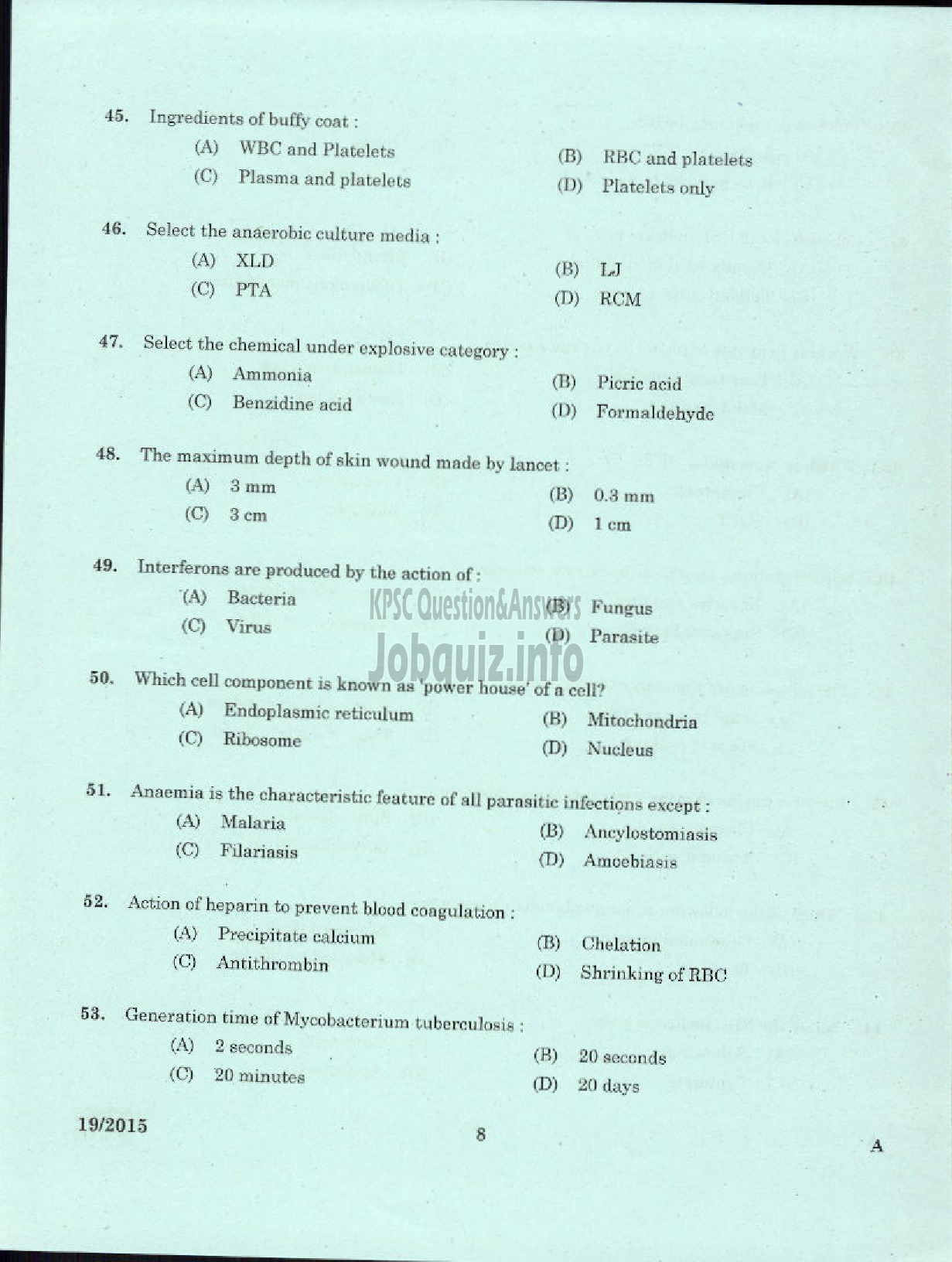 Kerala PSC Question Paper - LABORATORY TECHNICAL ASSISTANT / MEDICAL LABORATORY TECHNICIAN VHSE-6