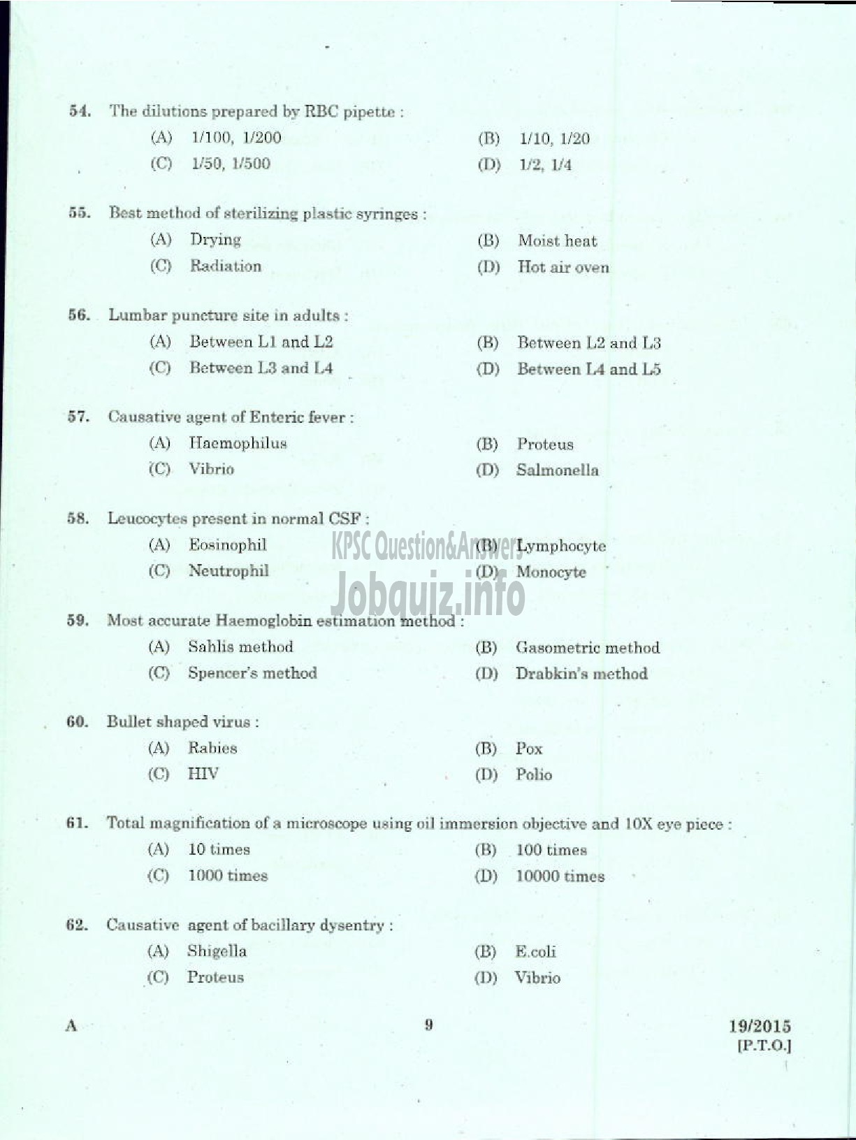 Kerala PSC Question Paper - LABORATORY TECHNICAL ASSISTANT / MEDICAL LABORATORY TECHNICIAN VHSE-7