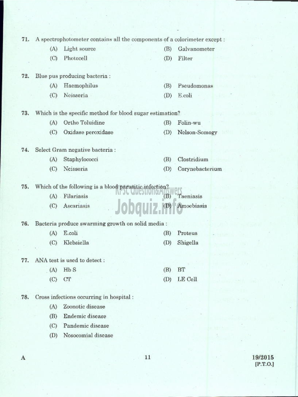 Kerala PSC Question Paper - LABORATORY TECHNICAL ASSISTANT / MEDICAL LABORATORY TECHNICIAN VHSE-9