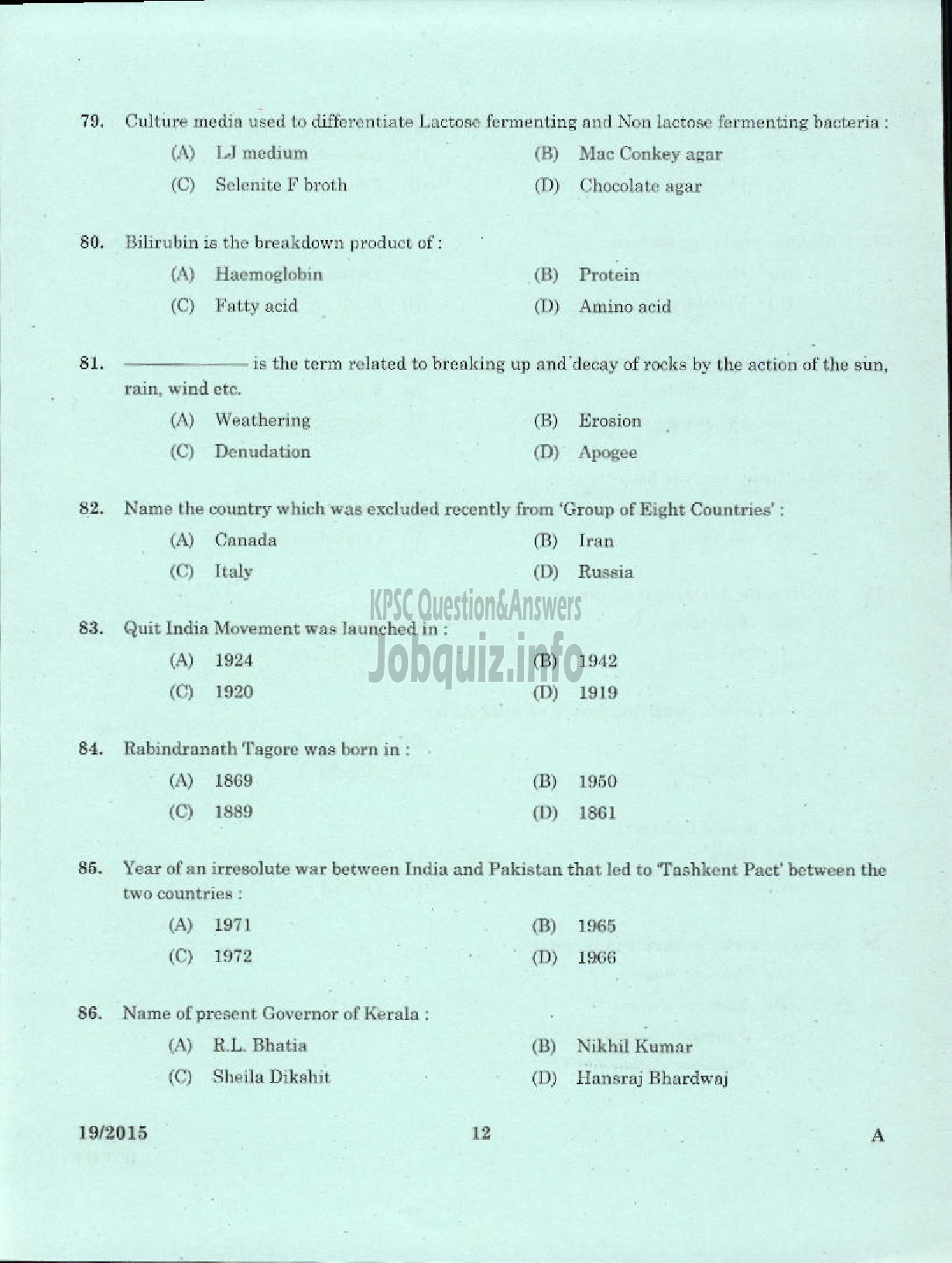 Kerala PSC Question Paper - LABORATORY TECHNICAL ASSISTANT / MEDICAL LABORATORY TECHNICIAN VHSE-10