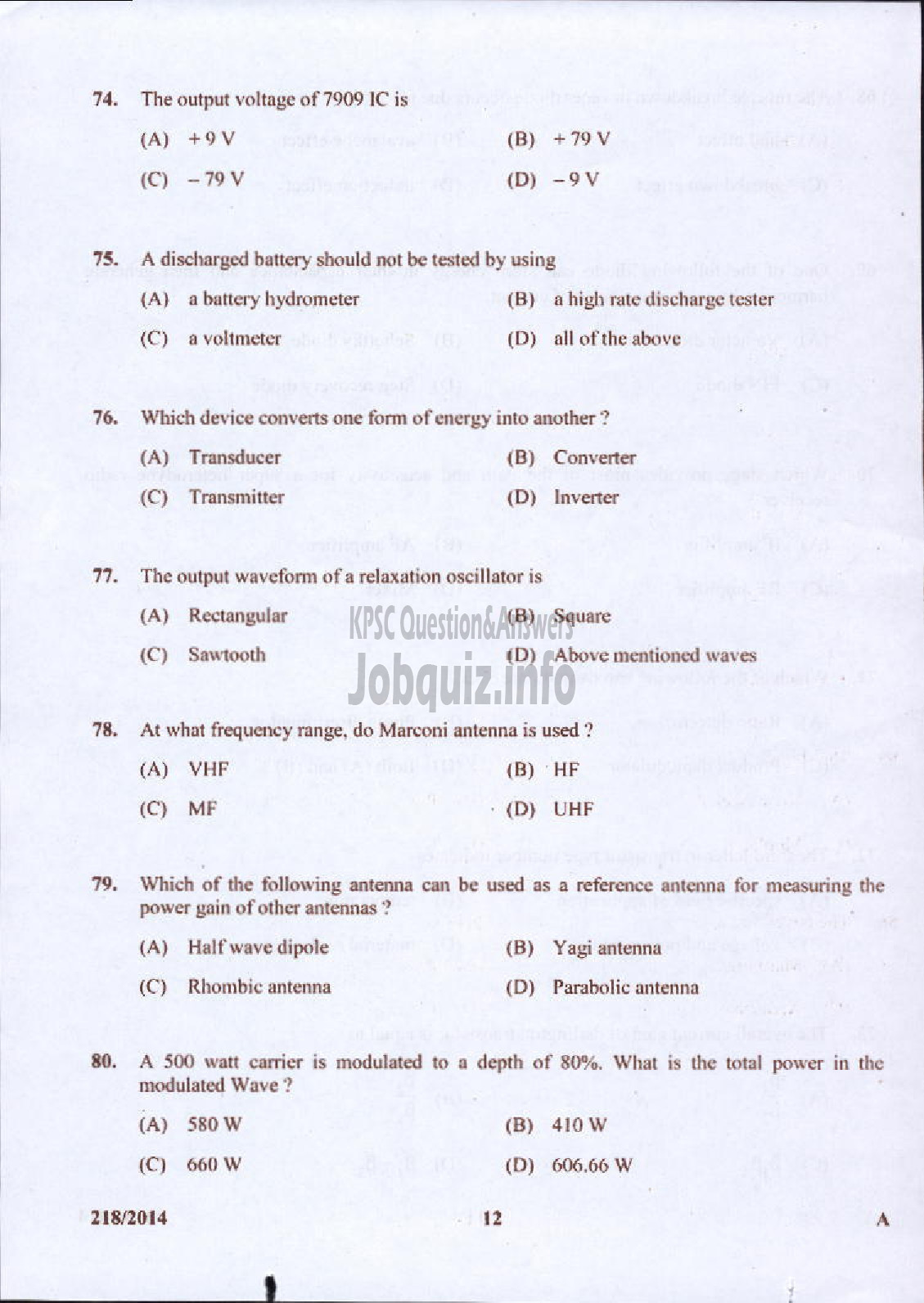 Kerala PSC Question Paper - LABORATORY TECHNICAL ASSISTANT MRRTV VHSE-12