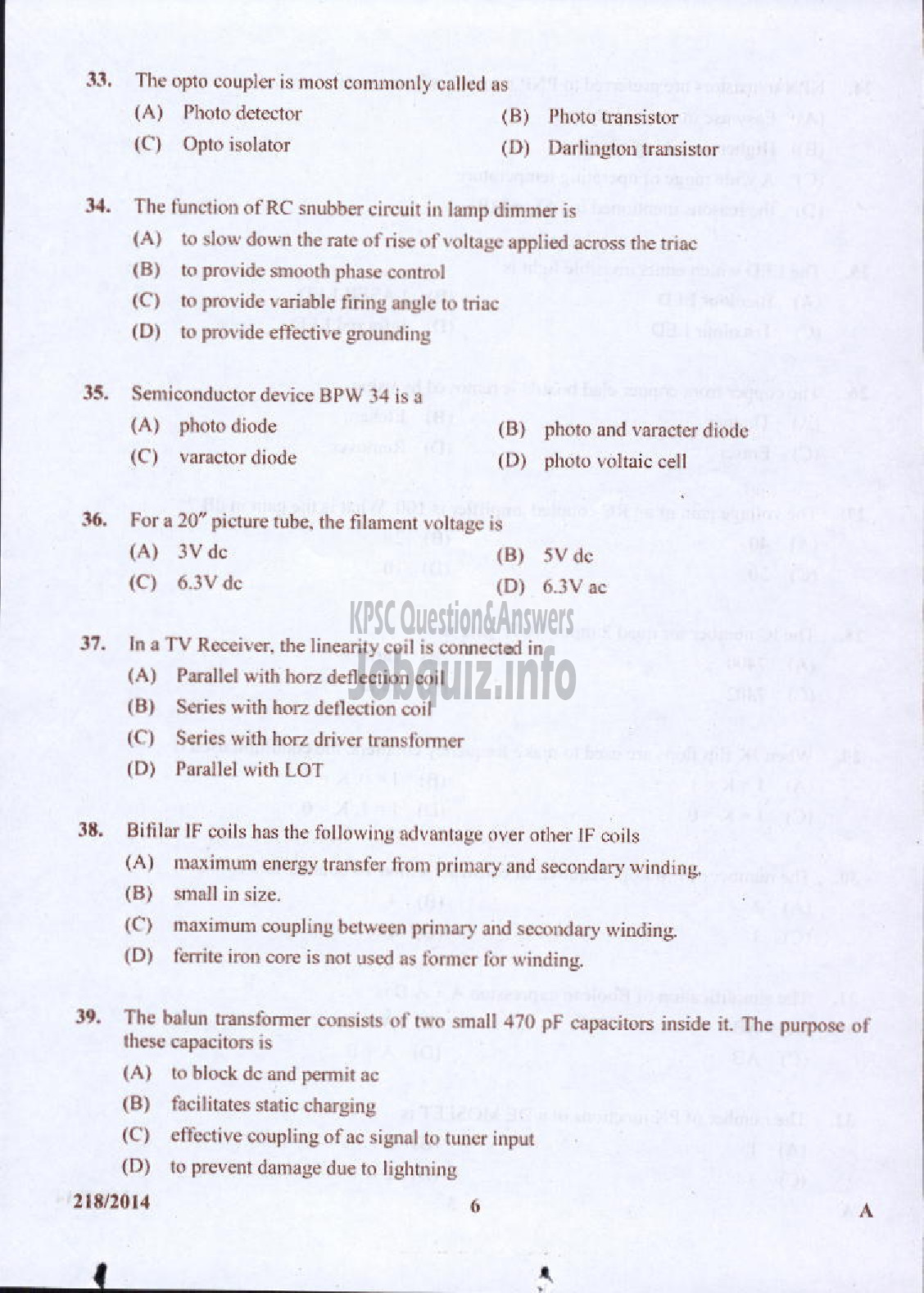 Kerala PSC Question Paper - LABORATORY TECHNICAL ASSISTANT MRRTV VHSE-6