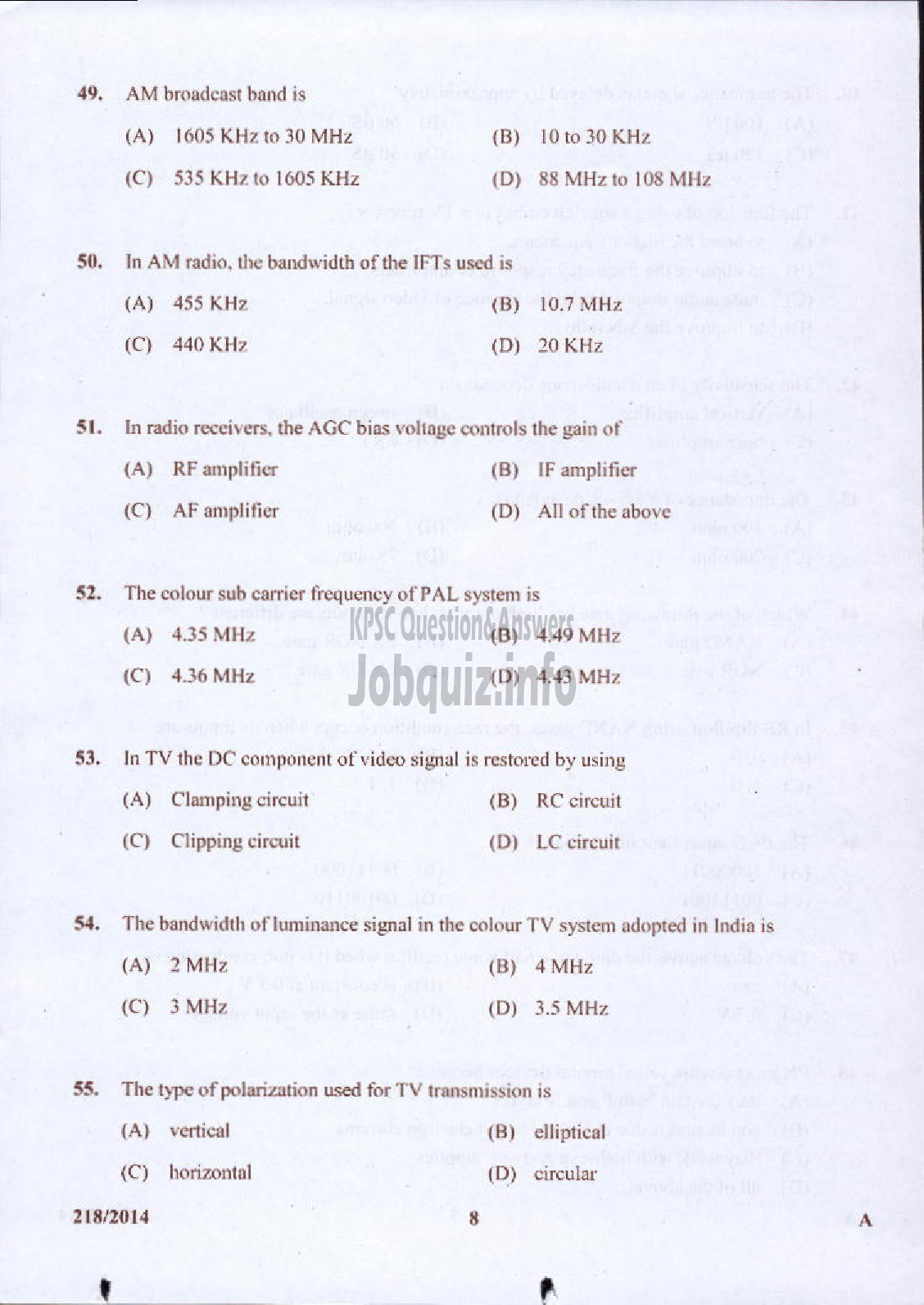Kerala PSC Question Paper - LABORATORY TECHNICAL ASSISTANT MRRTV VHSE-8