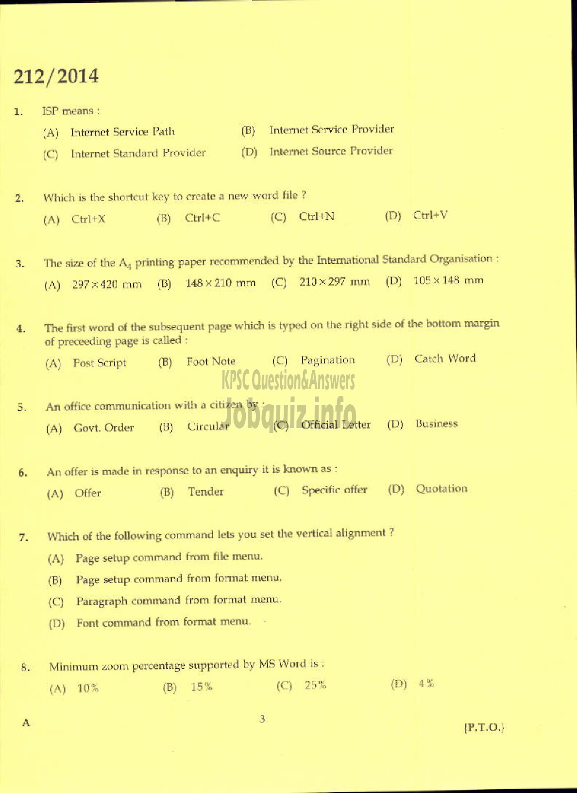 Kerala PSC Question Paper - LABORATORY TECHNICAL ASSISTANT OFFICE SECRETARYSHIP VHSE-1