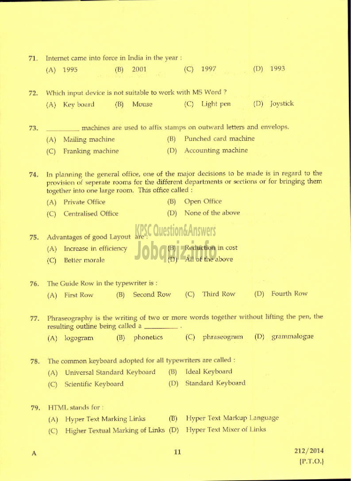 Kerala PSC Question Paper - LABORATORY TECHNICAL ASSISTANT OFFICE SECRETARYSHIP VHSE-9