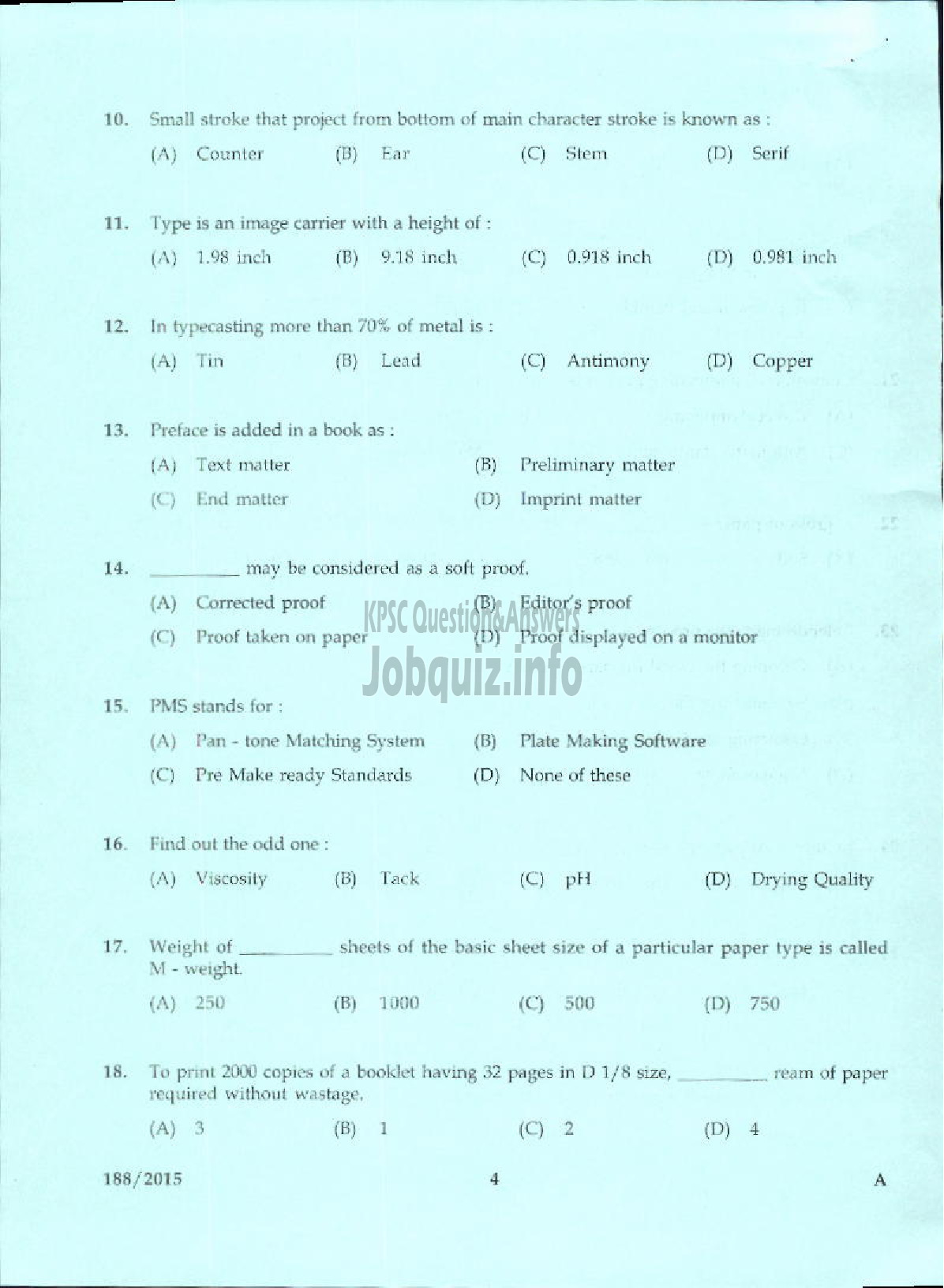 Kerala PSC Question Paper - LABORATORY TECHNICAL ASSISTANT PRINTING TECHNOLOGY VHSE-2